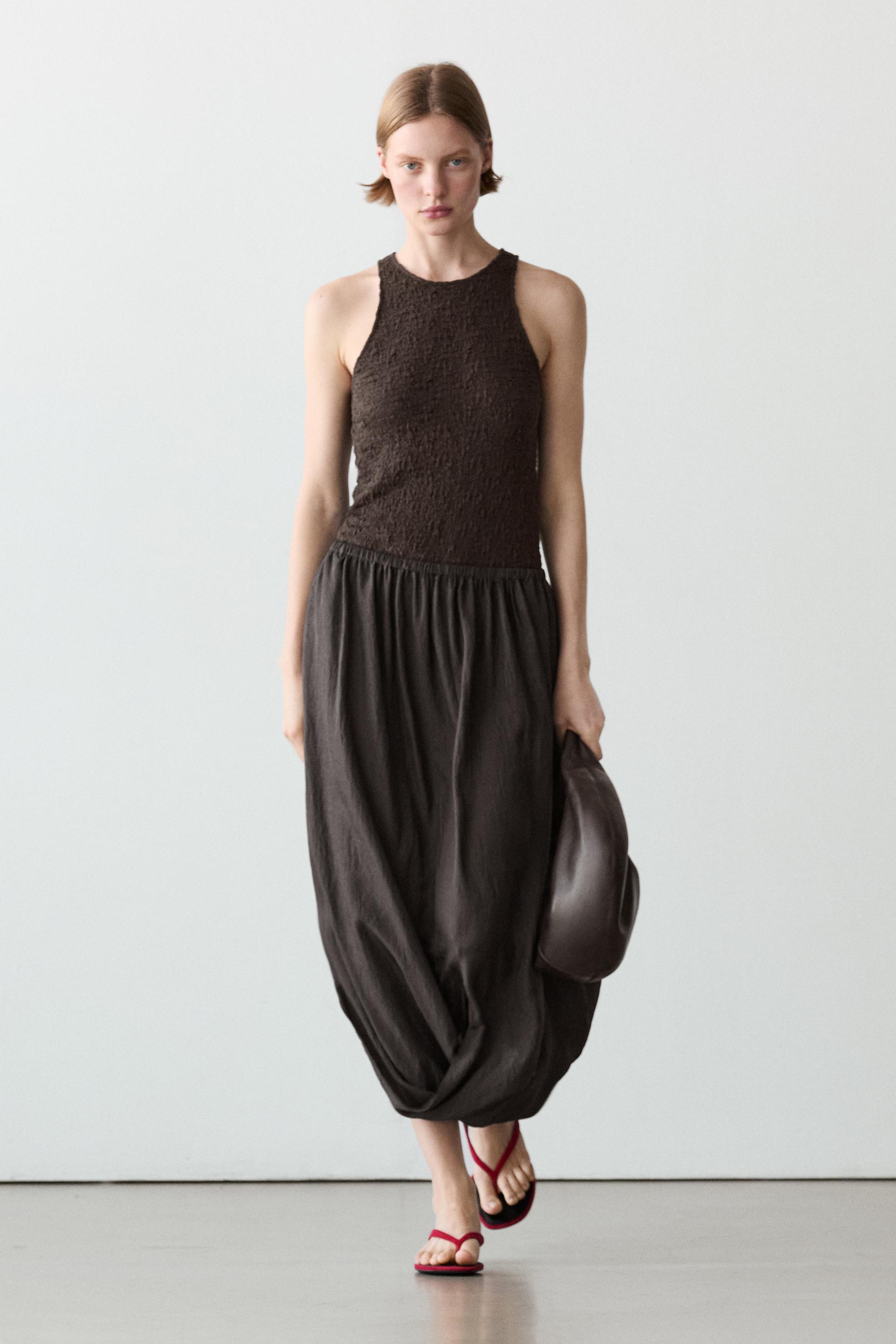 Midi skirt with gathered waistband — BROWN