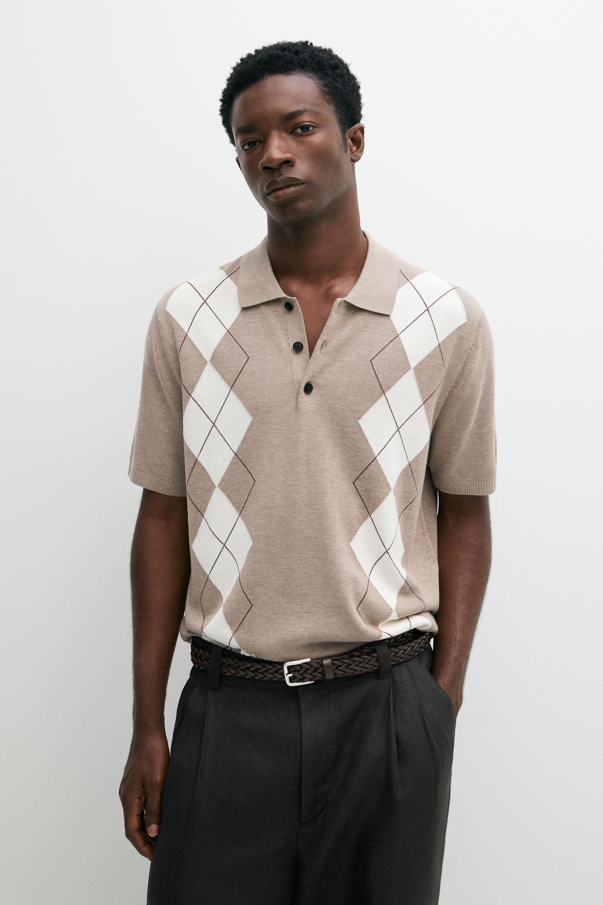 Cotton blend diamond pattern short sleeve polo shirt