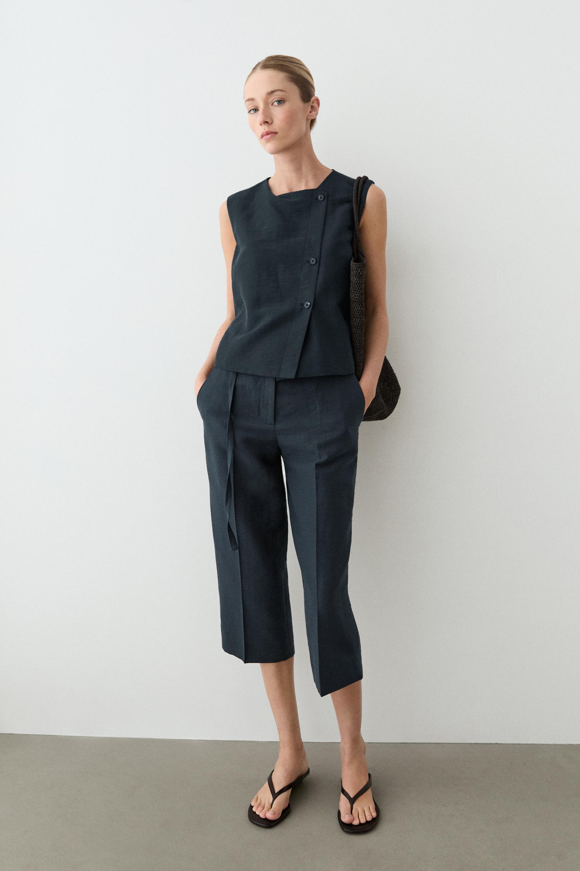 Linen asymmetric buttoned vest — NAVY BLUE