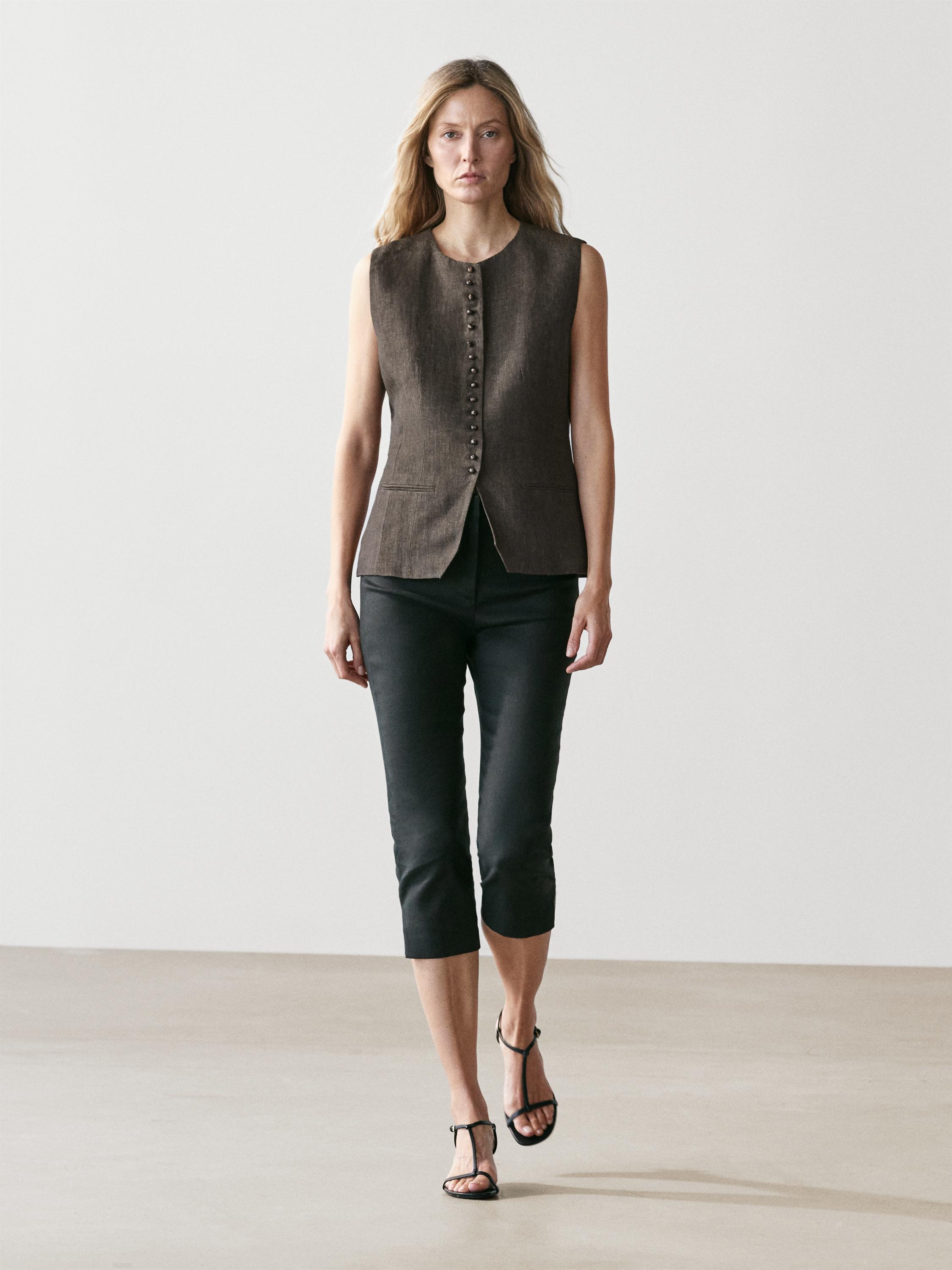 100% linen vest with button detail — Chocolate