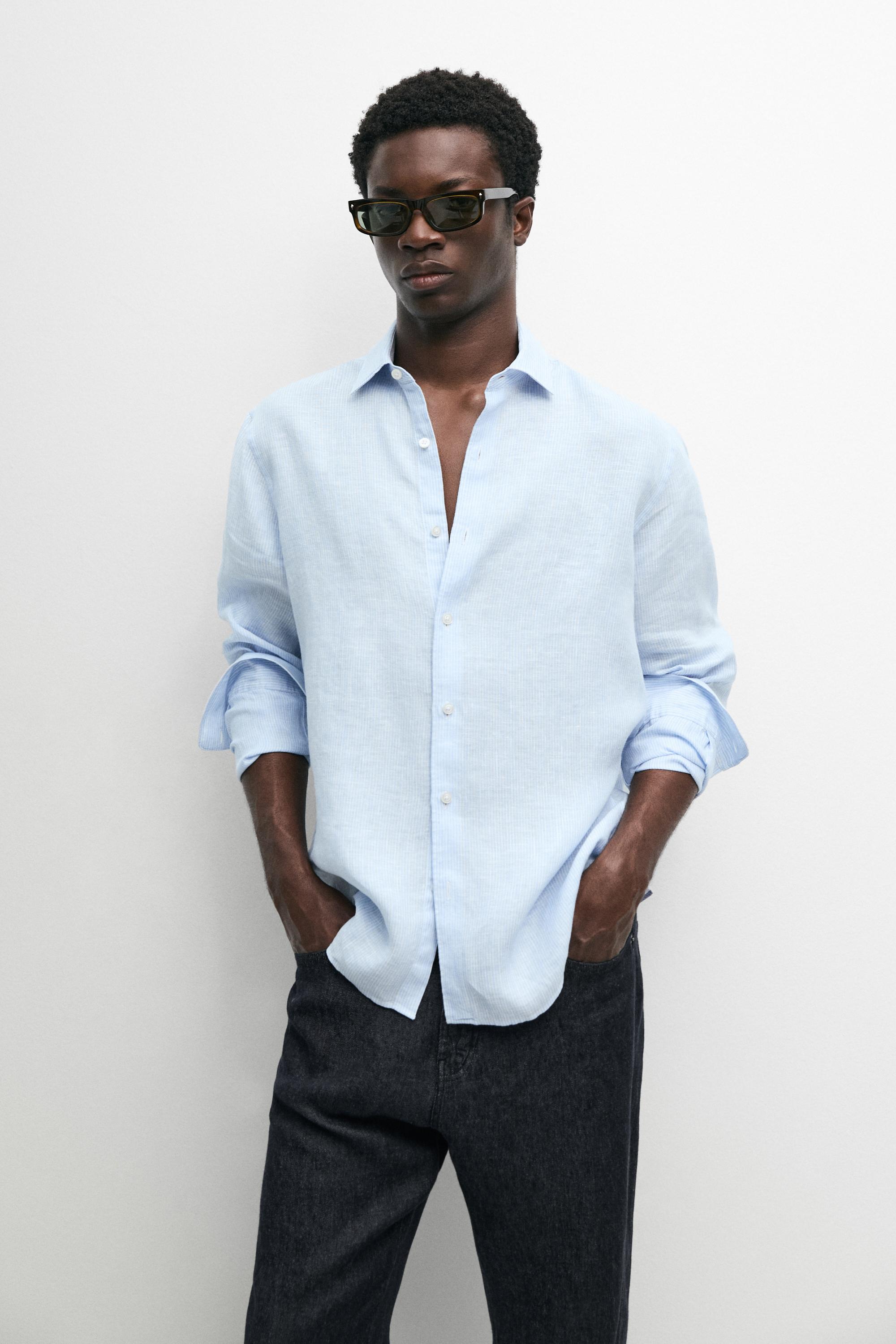 Regular fit striped melange linen shirt