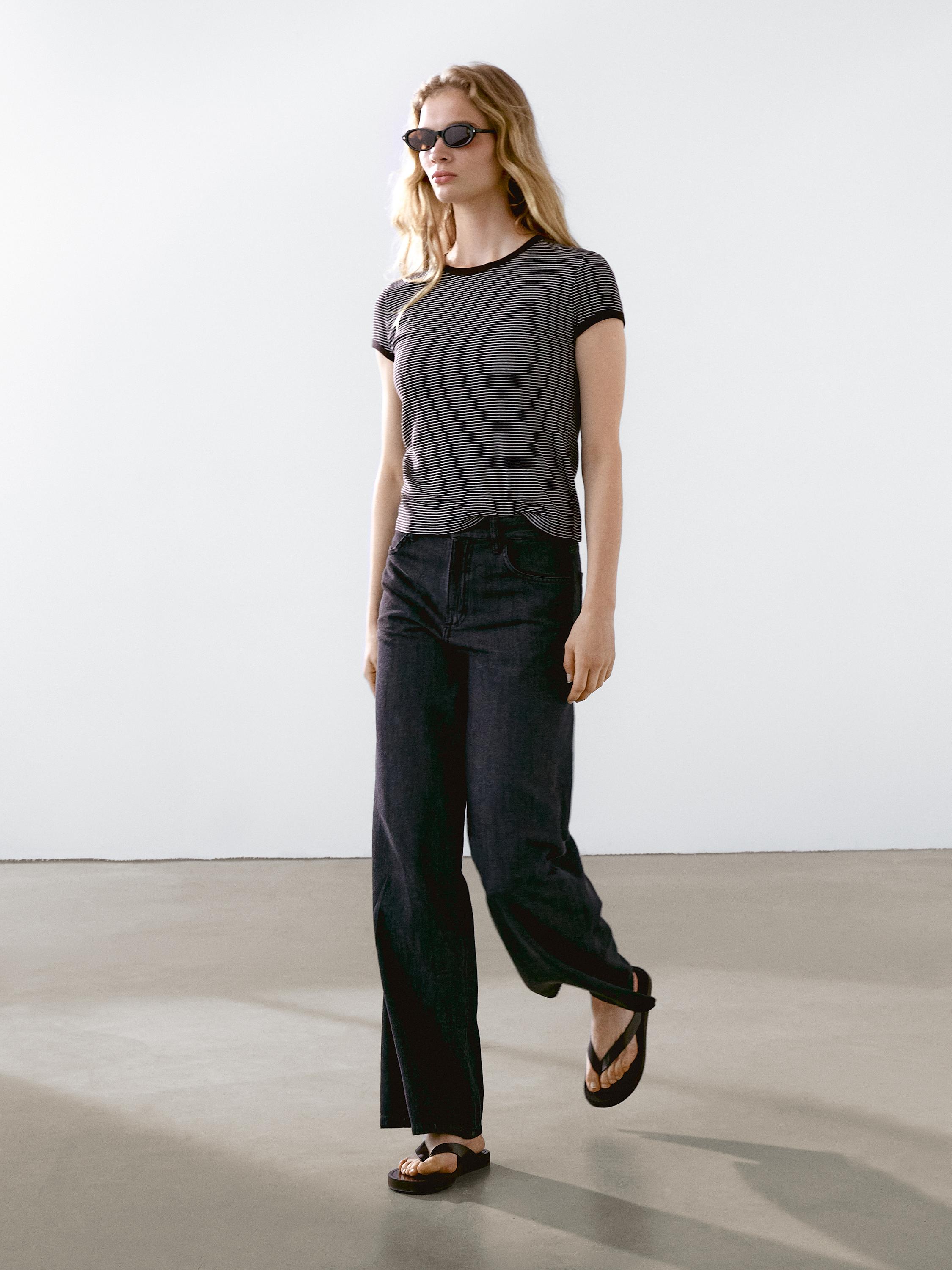 T-shirt rayé bord-côte contrastant coton