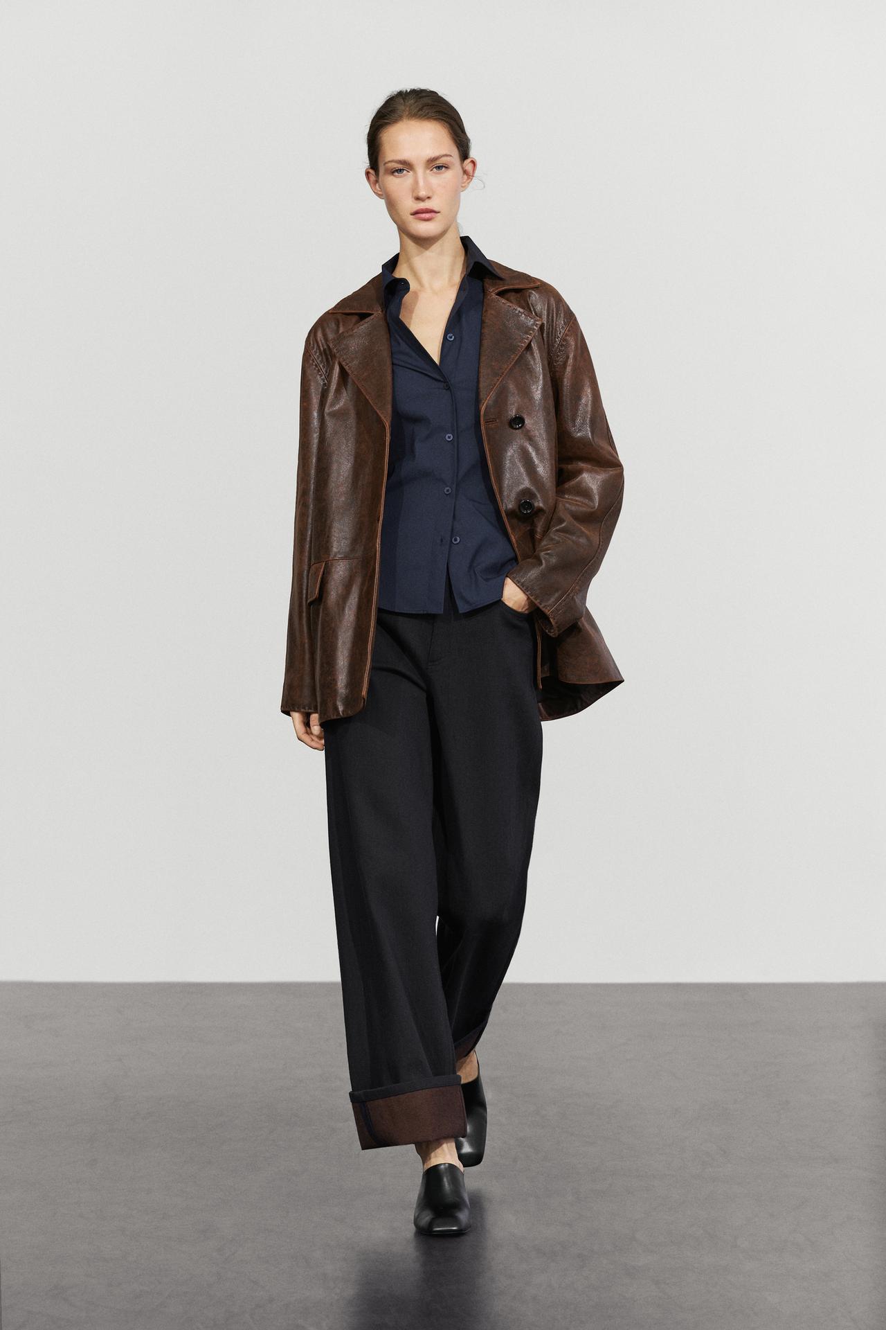 Distressed effect leather blazer — BROWN