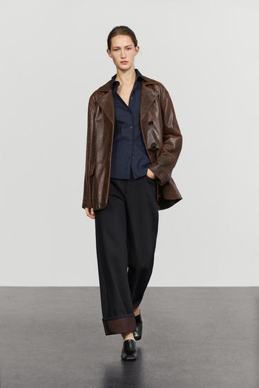 Distressed effect leather blazer — BROWN 1