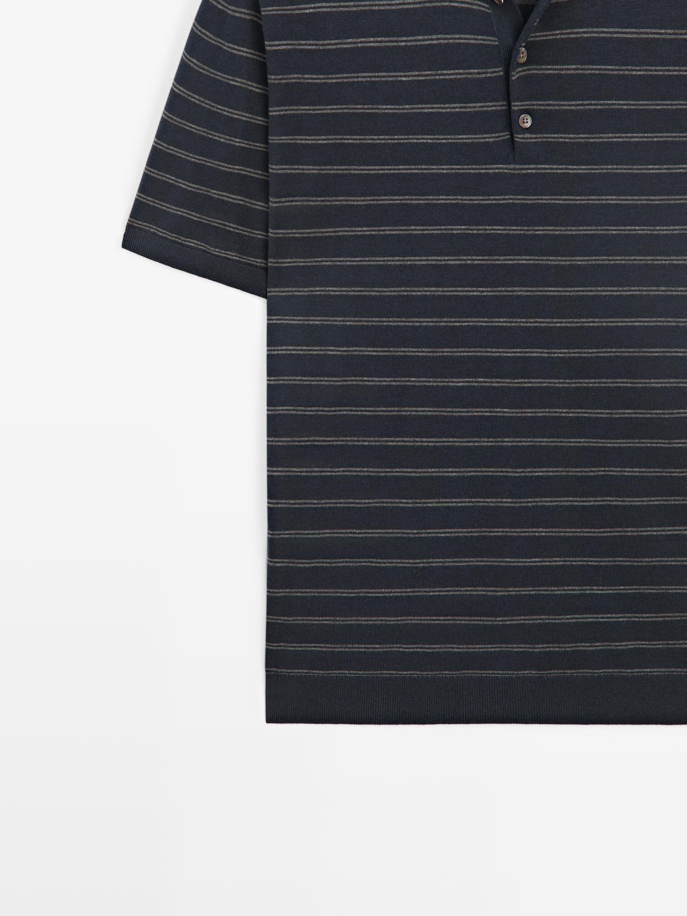 Cotton blend knit polo shirt with striped detail — NAVY BLUE