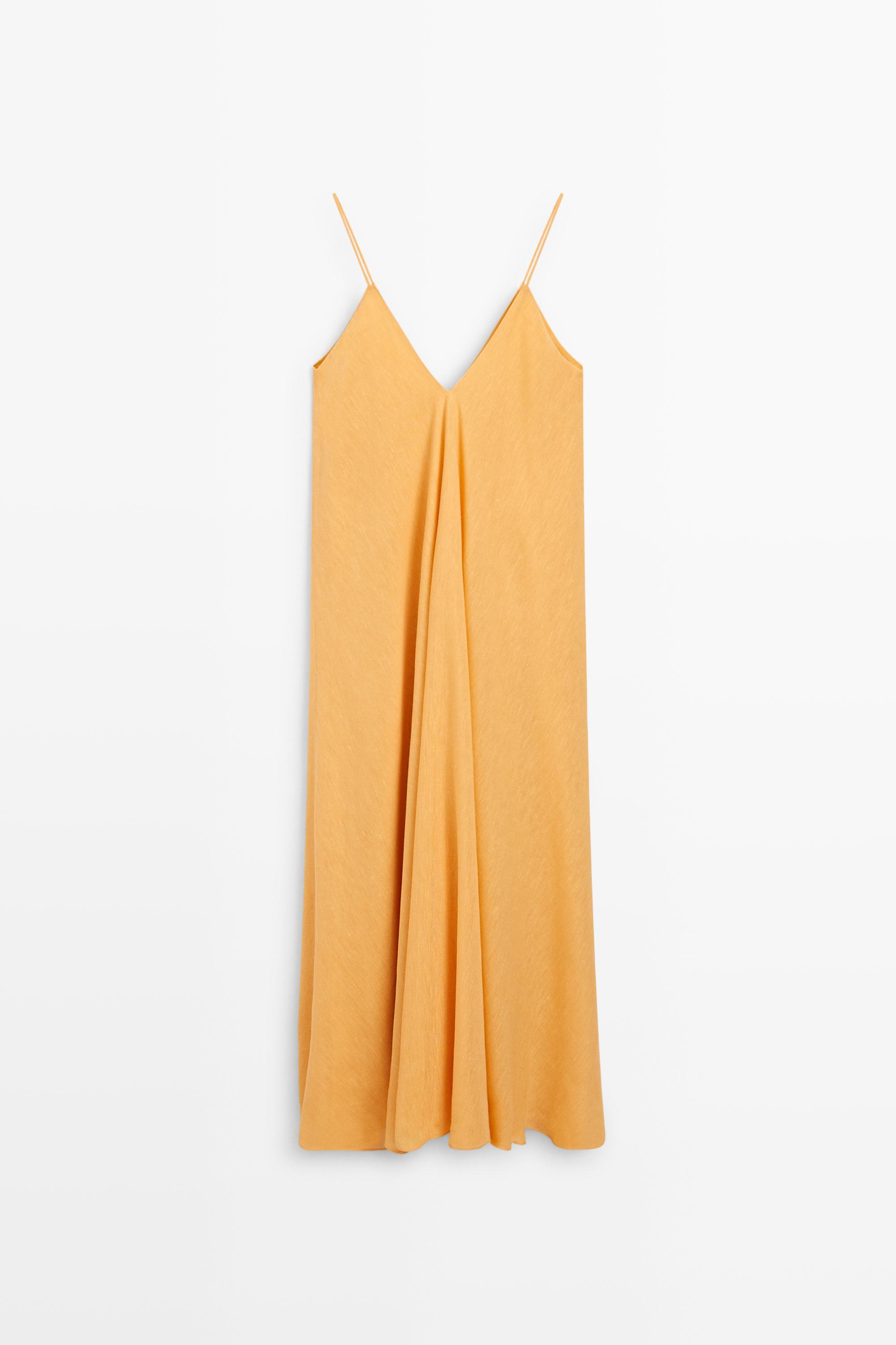 Linen blend flowing V-neck dress — YELLOW