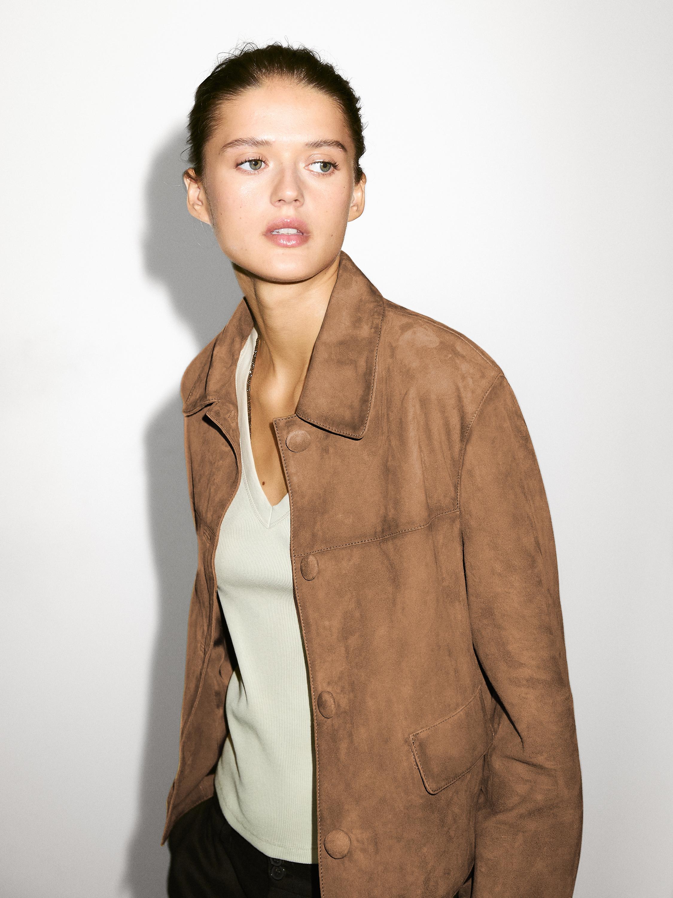 Suede leather jacket with lined buttons · Mocha · Bags And