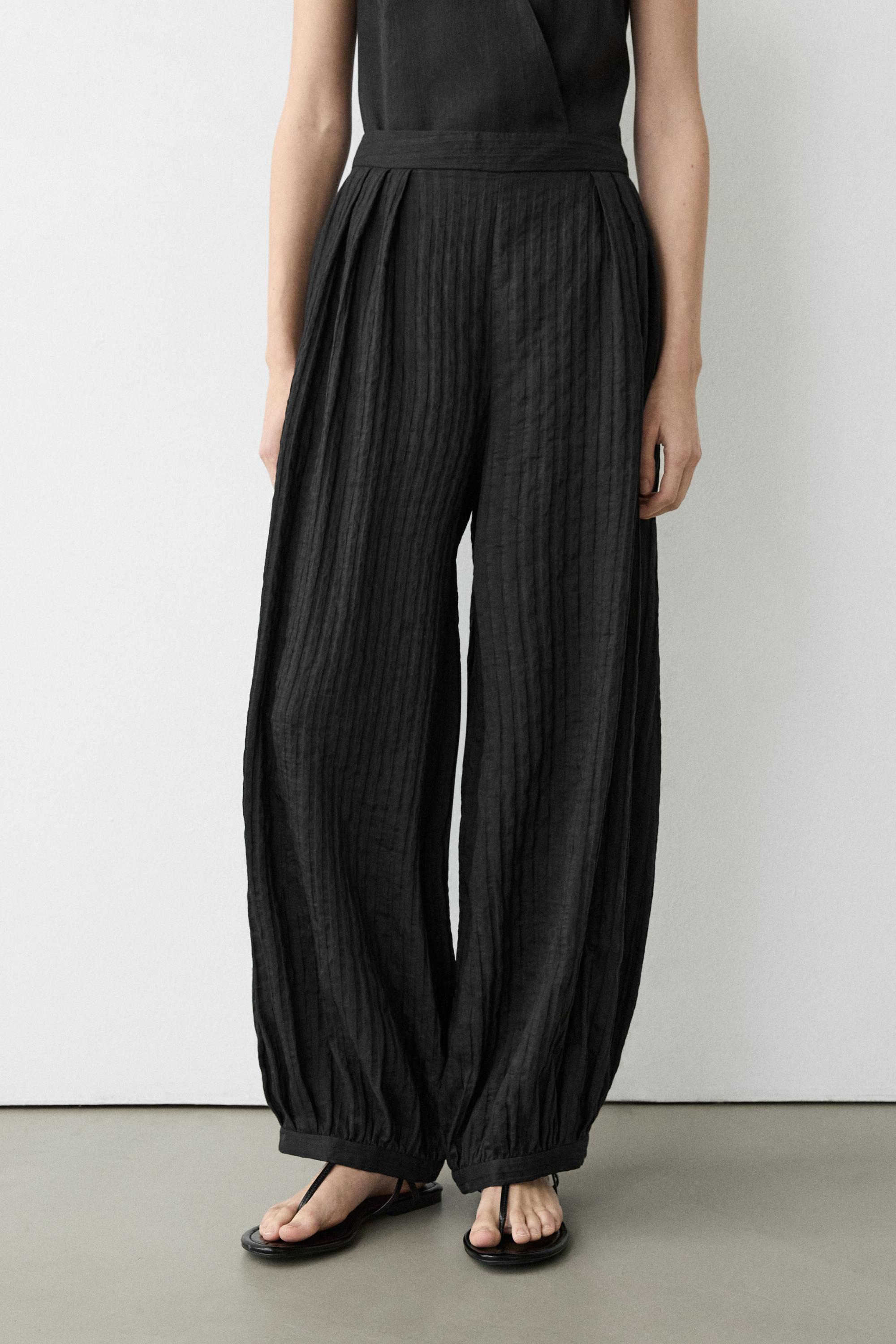 Flowing linen-blend drop crotch pants — BLACK