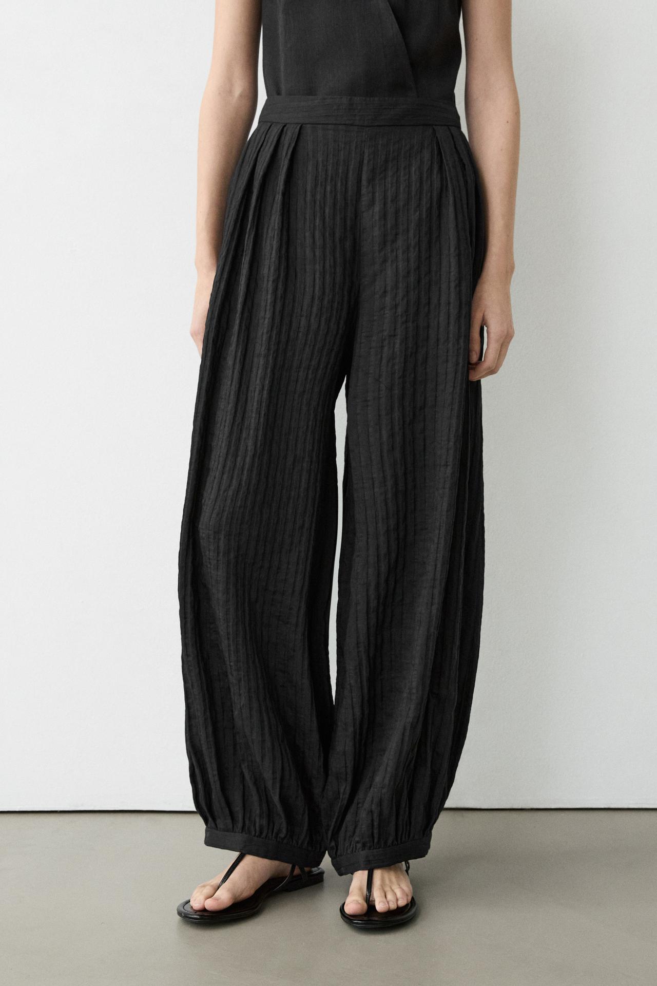 Flowing linen-blend drop crotch pants — BLACK