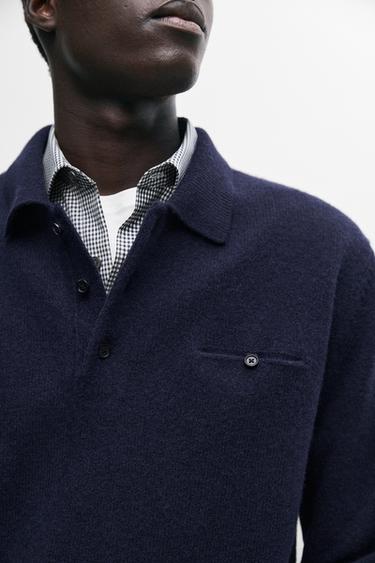 100% wool knit polo collar sweater — Dark Blue 8