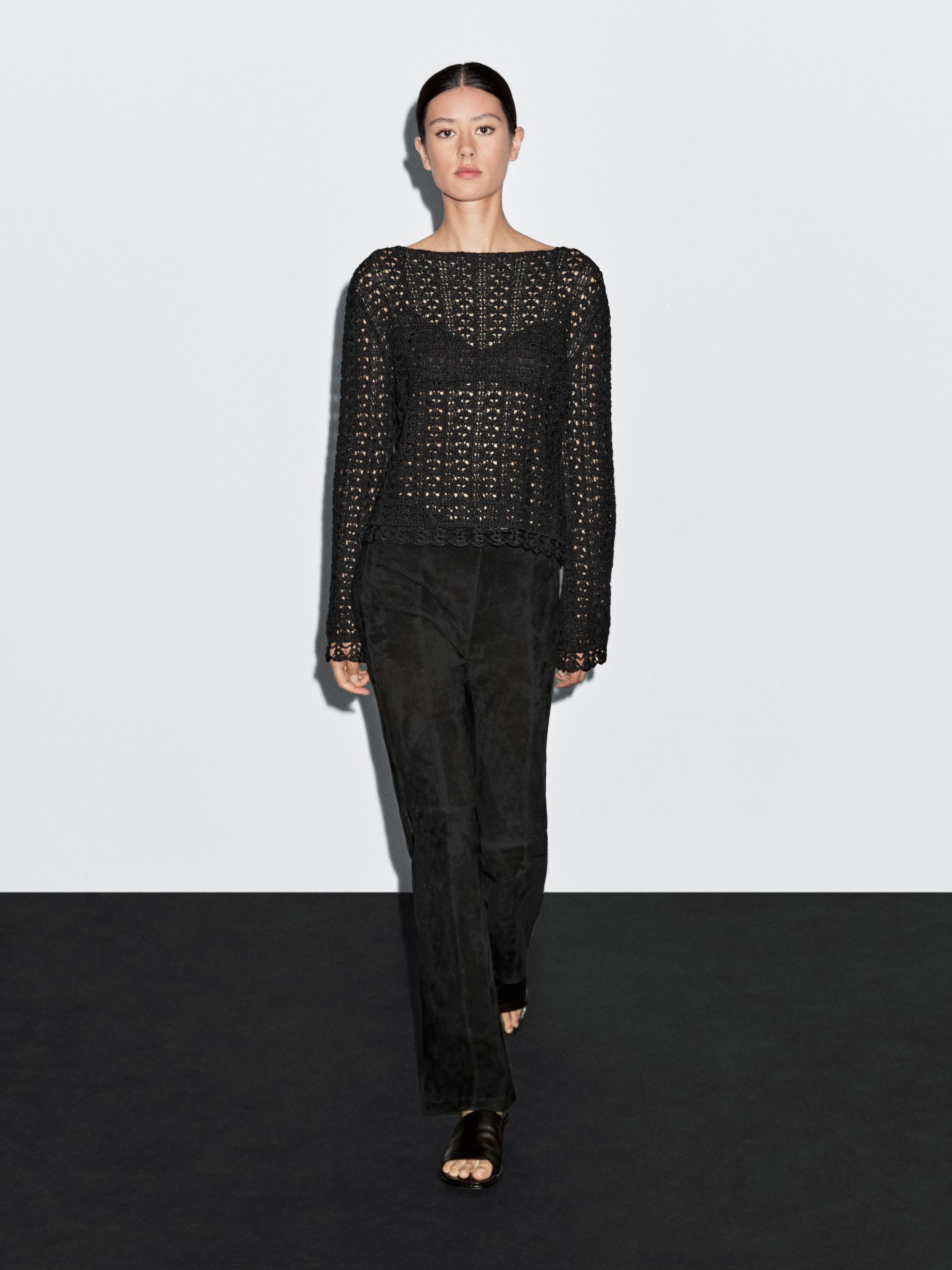 Cotton blend openwork crochet sweater