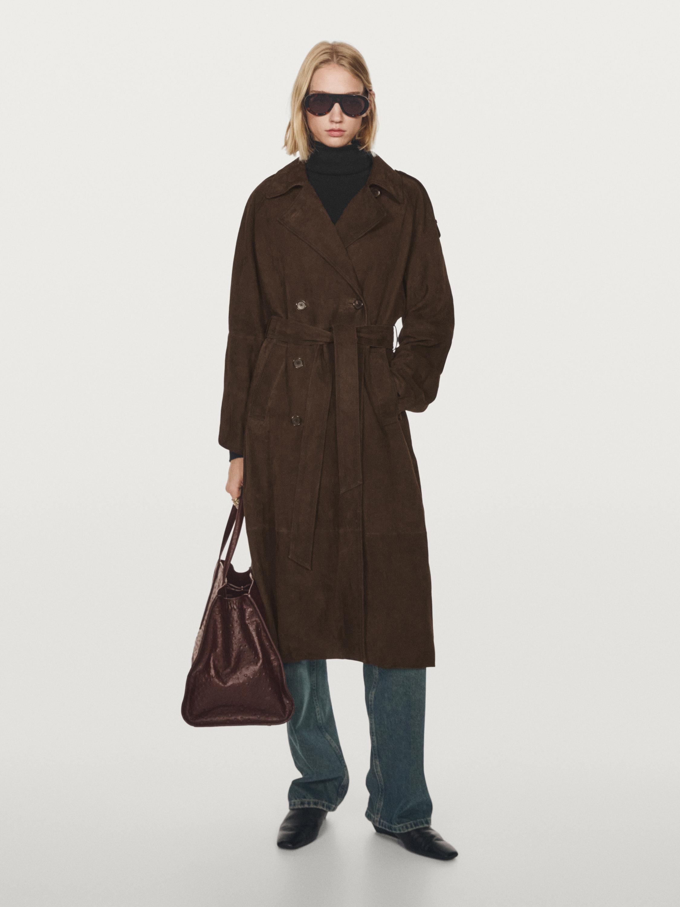 Trench lungo in pelle scamosciata