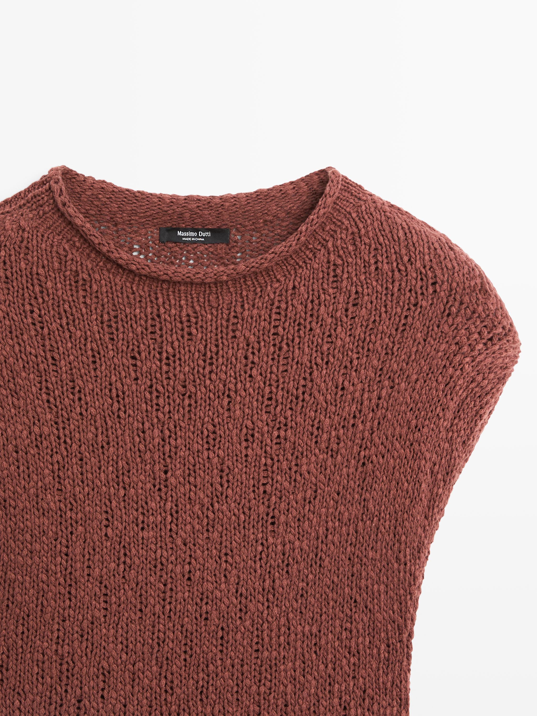 Cotton peplum knit top — RUSSET