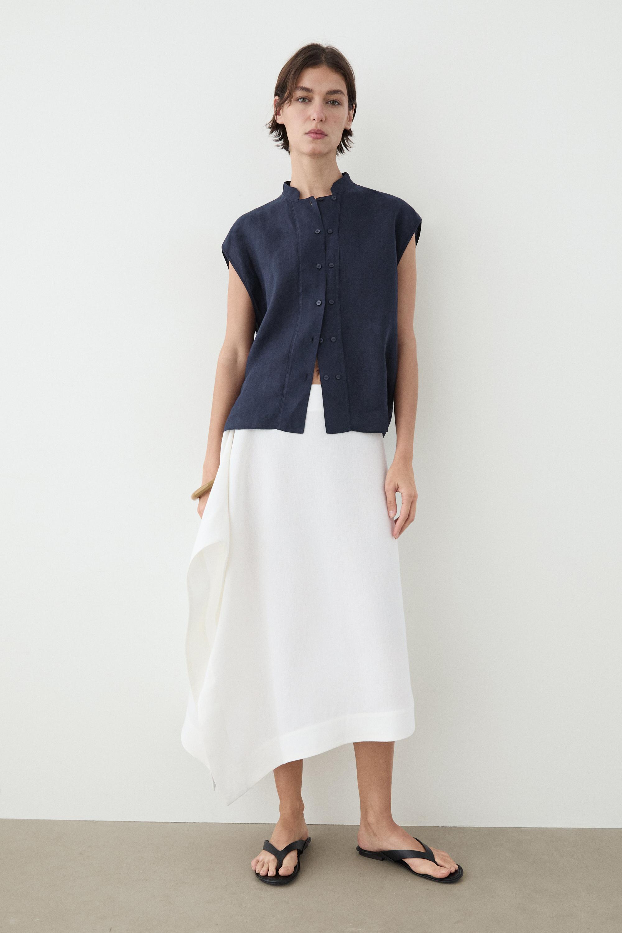 Flowing 100% linen shirt with button detail — DARK NAVY