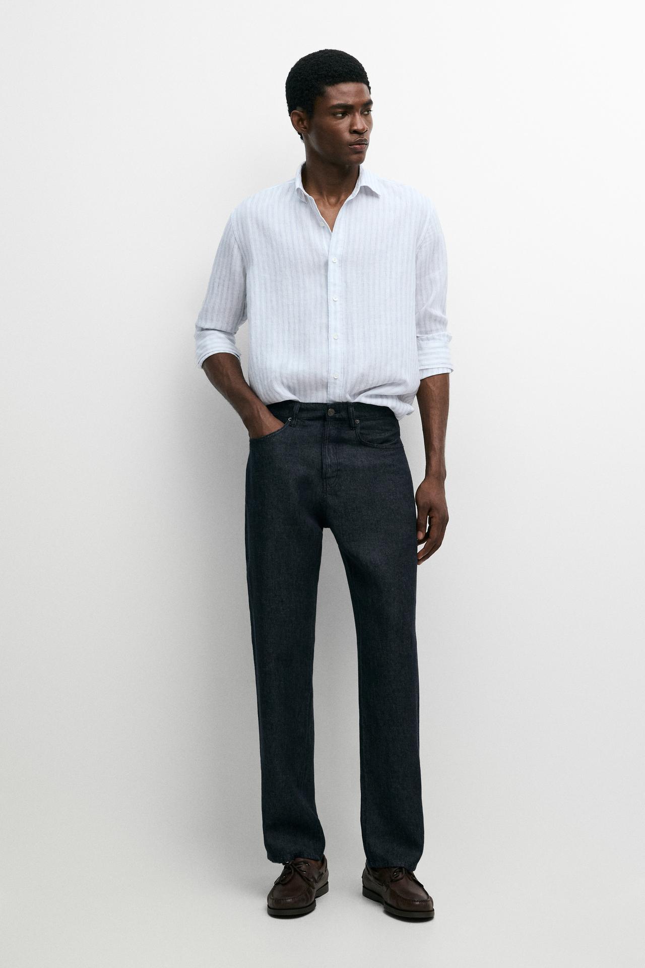 Extra-fine 100% linen striped shirt — Sky blue