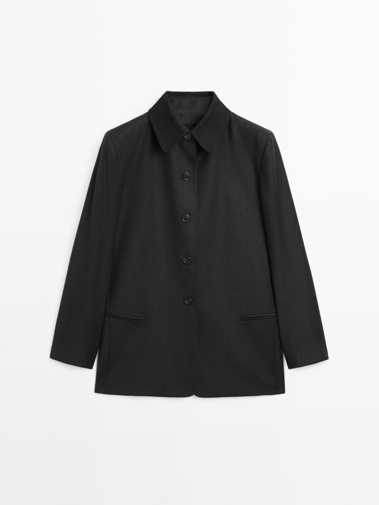 Massimo Dutti - Dame - Contrast Collar Short Coat - Mørk Grå - 36