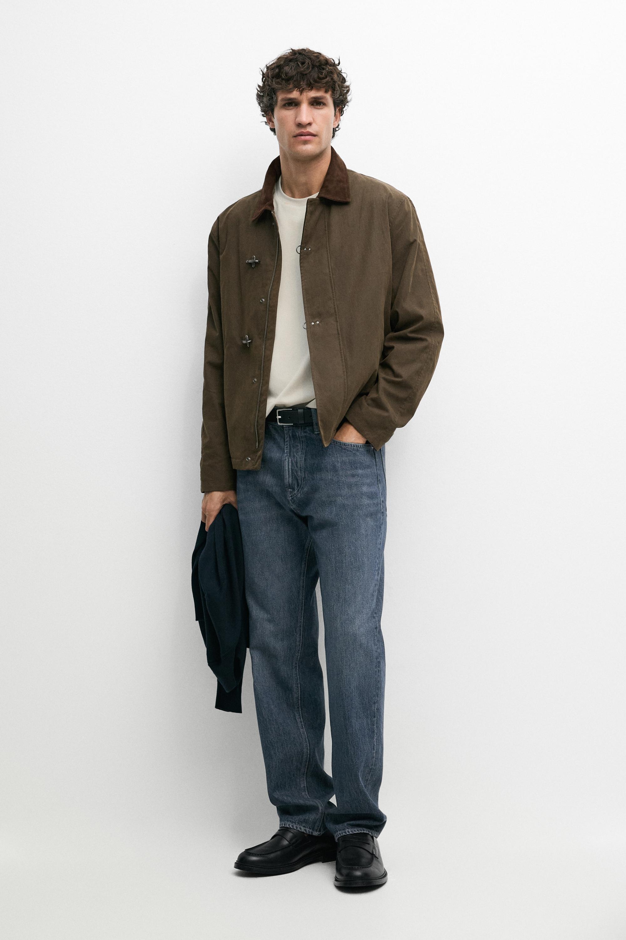 Jacket with leather collar detail — DARK KHAKI