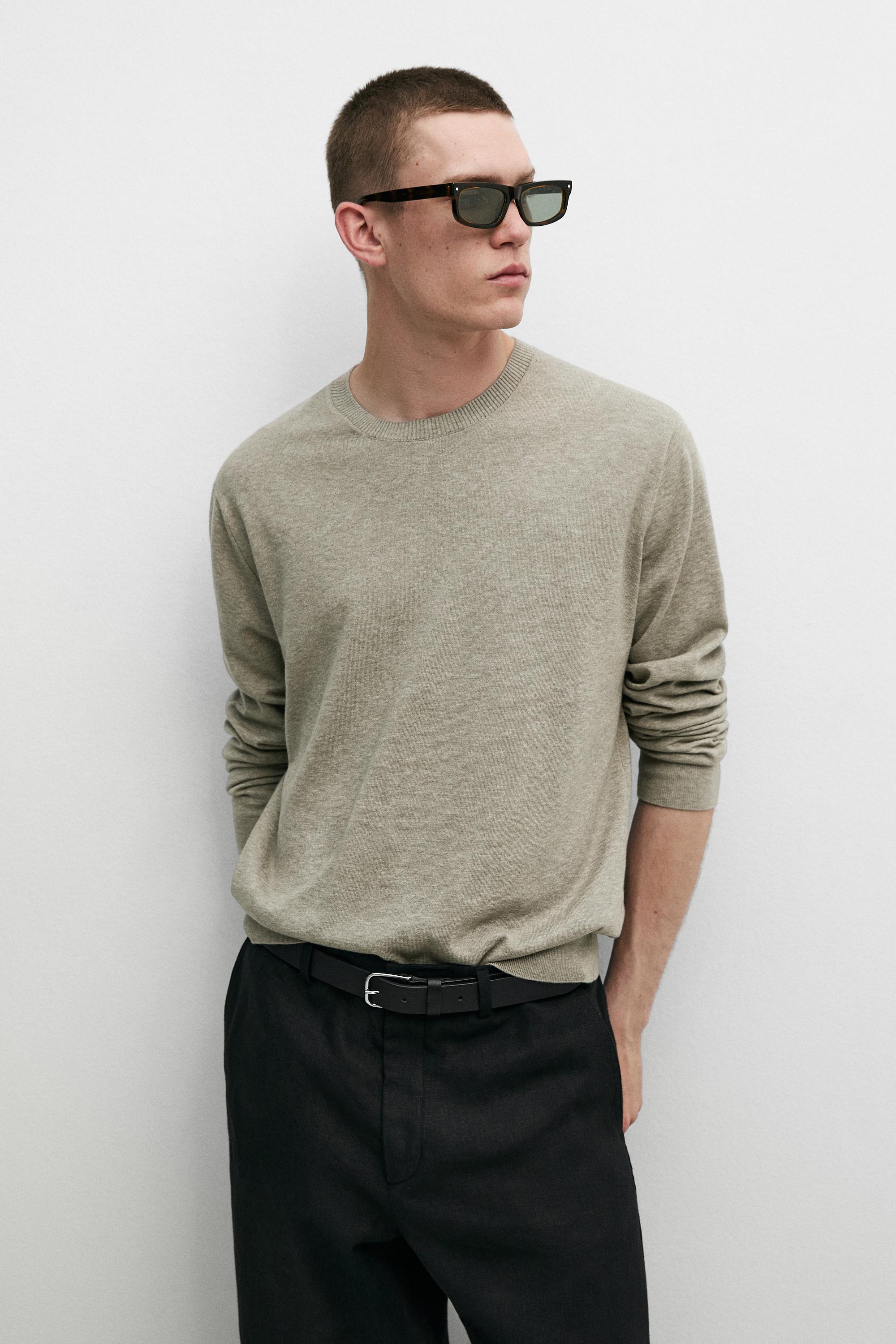 Knit 100% cotton crew neck sweater — Greyish green