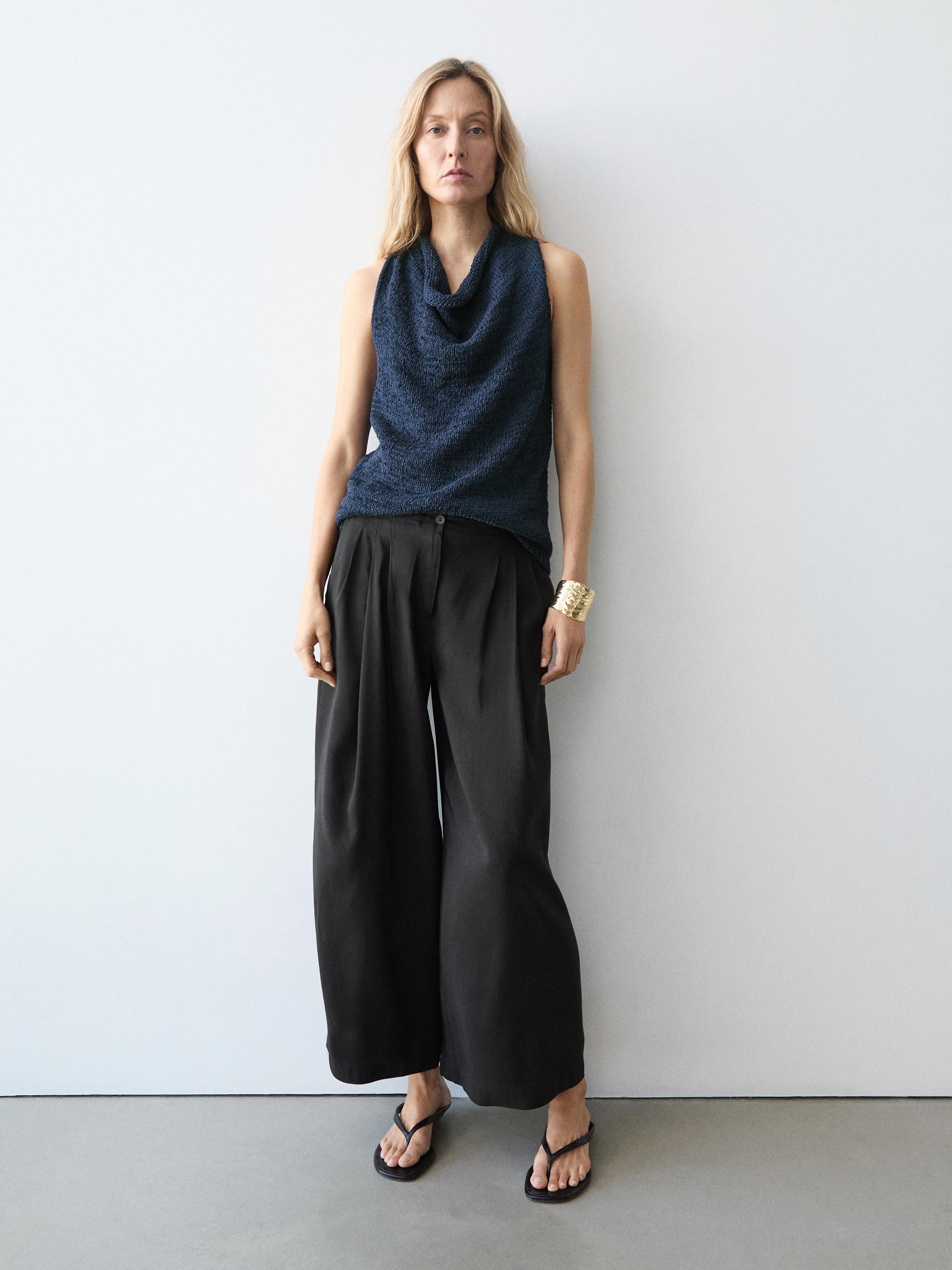 Flowing linen blend trousers — BLACK
