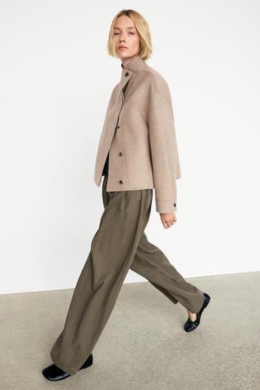 Short wool-blend coat with crossover collar — TAUPE GREY 5