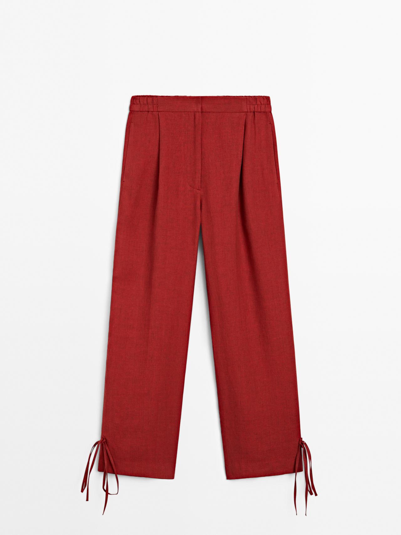 Massimo Dutti - Dame - Sarouelbukser I 100% Hør Med Bindebånd - Mørkerød - 42