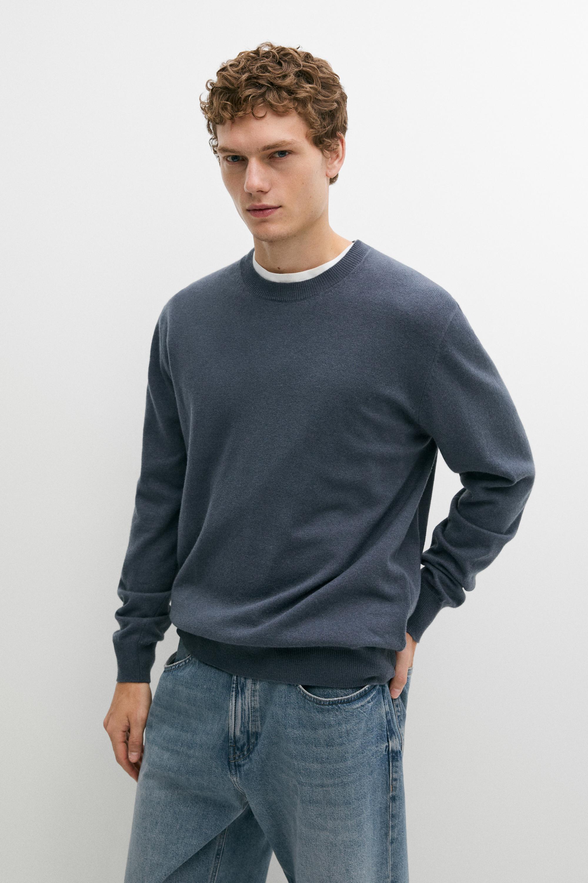 Wool blend round neck knit sweater — DARK BLUE
