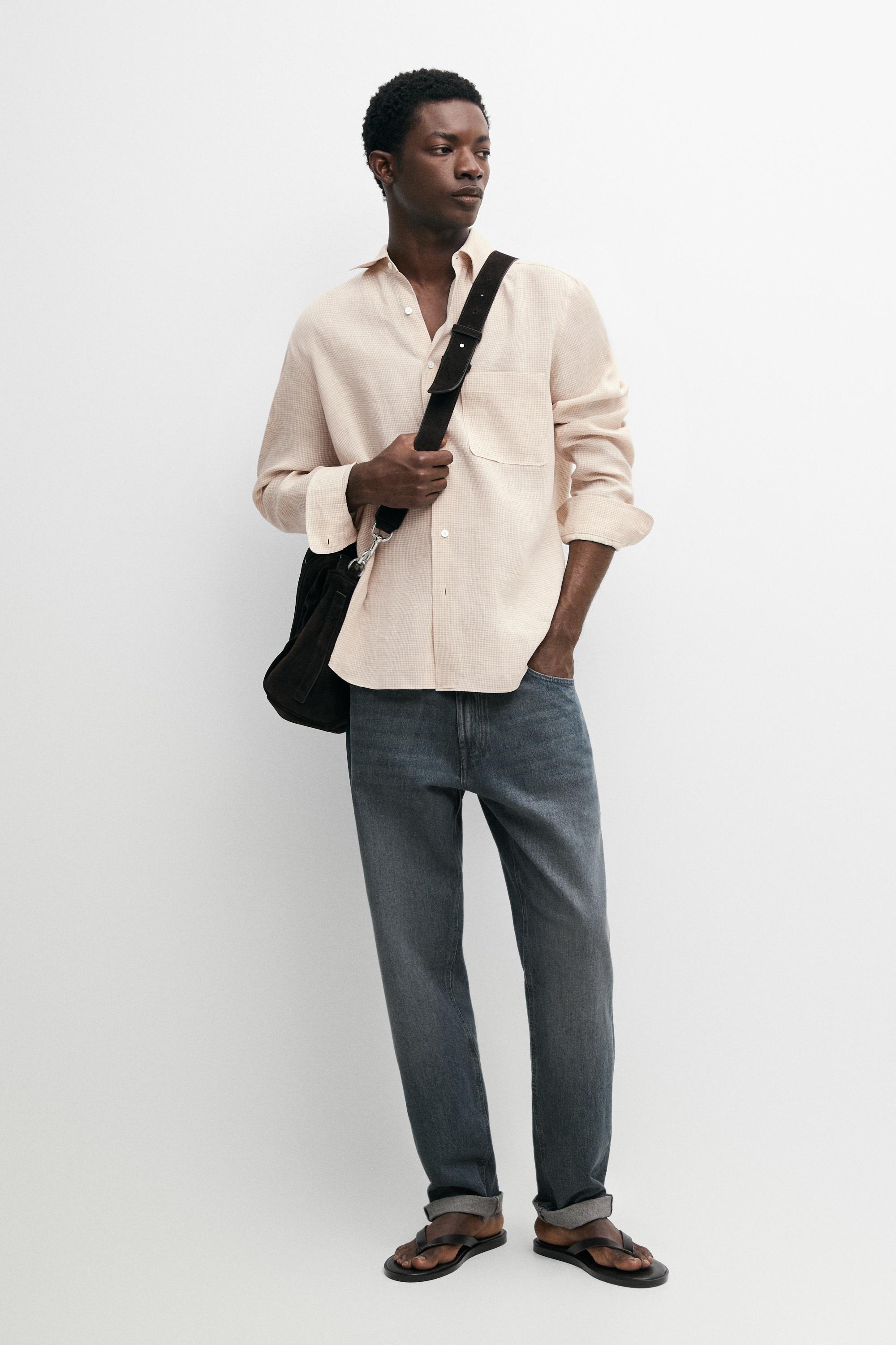 100% linen regular fit micro check shirt — CREAM