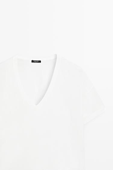 Flowing cropped fit V-neck T-shirt — WHITE 4