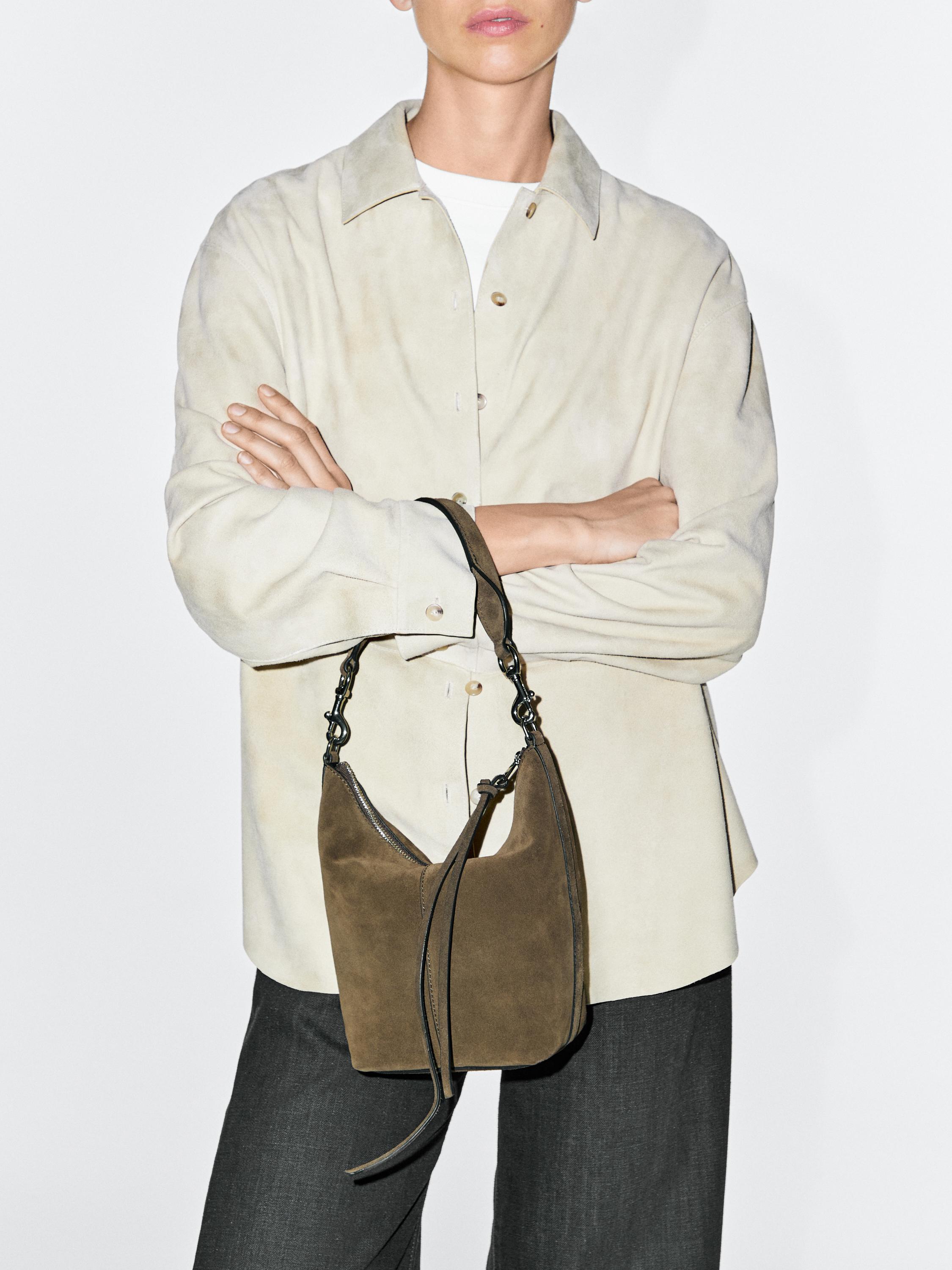 Split suede leather bucket bag — KHAKI