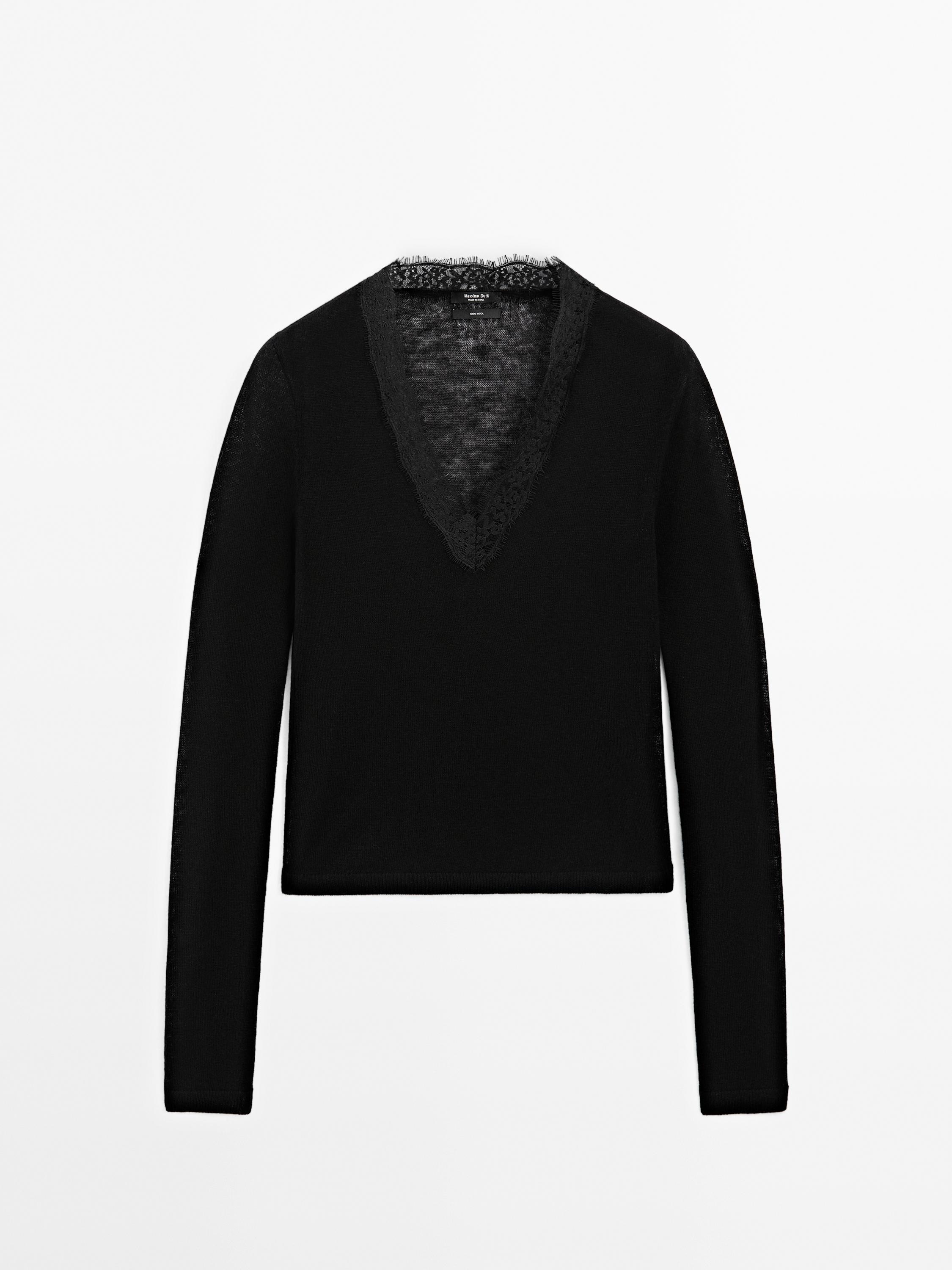 Wool knit sweater with lace trim detail