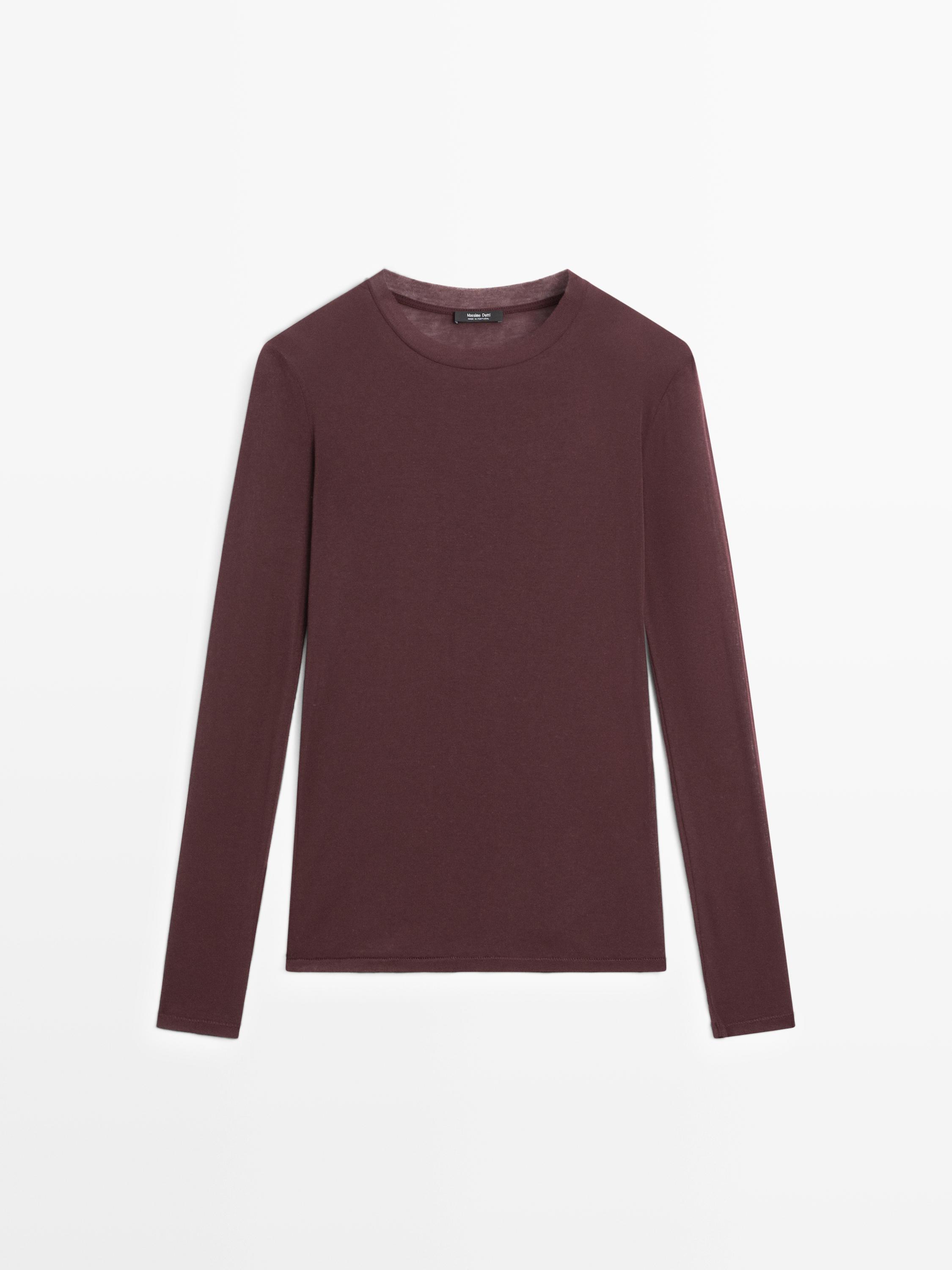 100% cotton semi-sheer T-shirt with collar detail — BURGUNDY