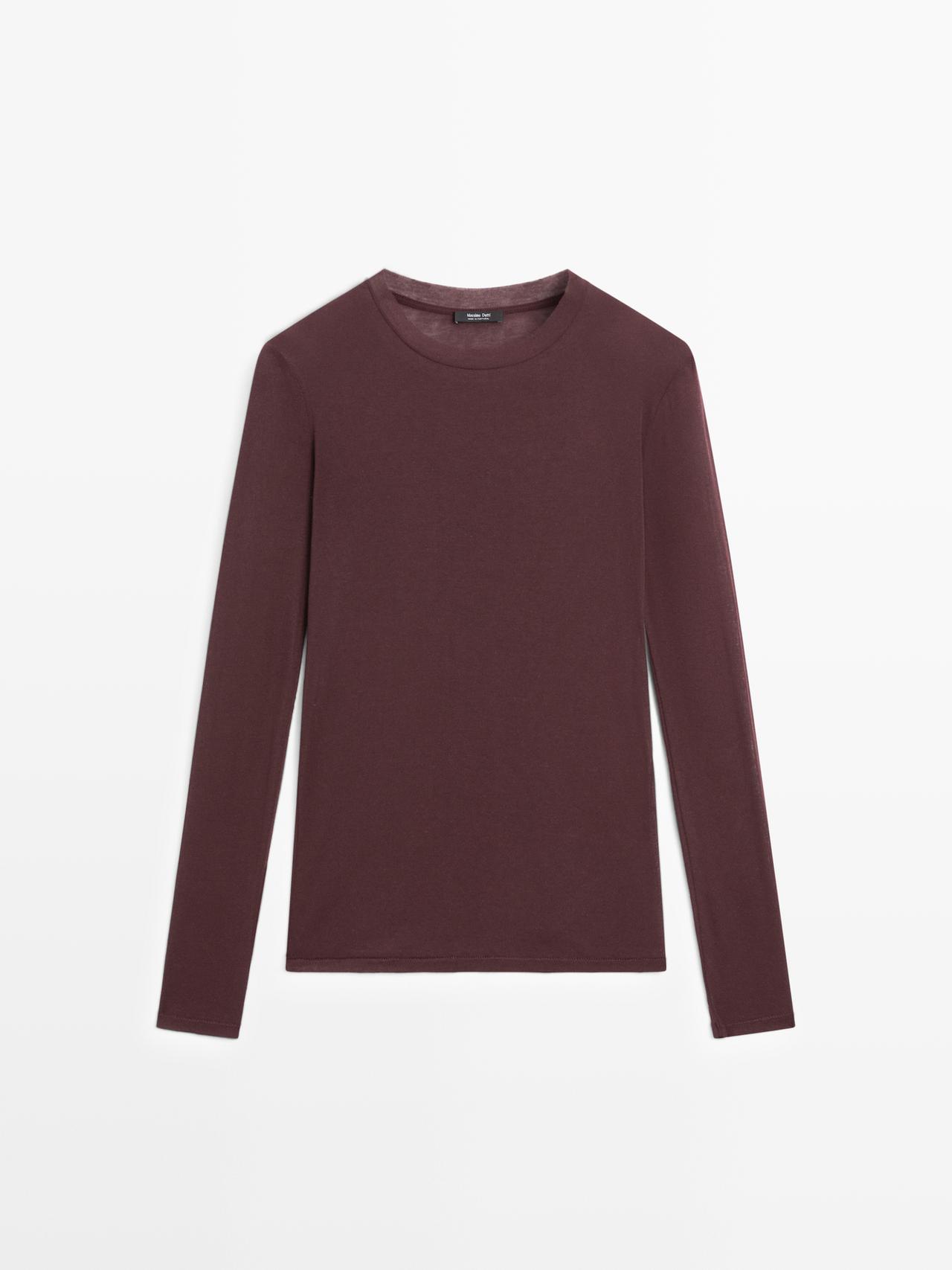 Massimo Dutti - Dame - T-Shirt I 100% Bomuld Halvgennemsigtig Med Kravedetalje - Bordeaux - Xs