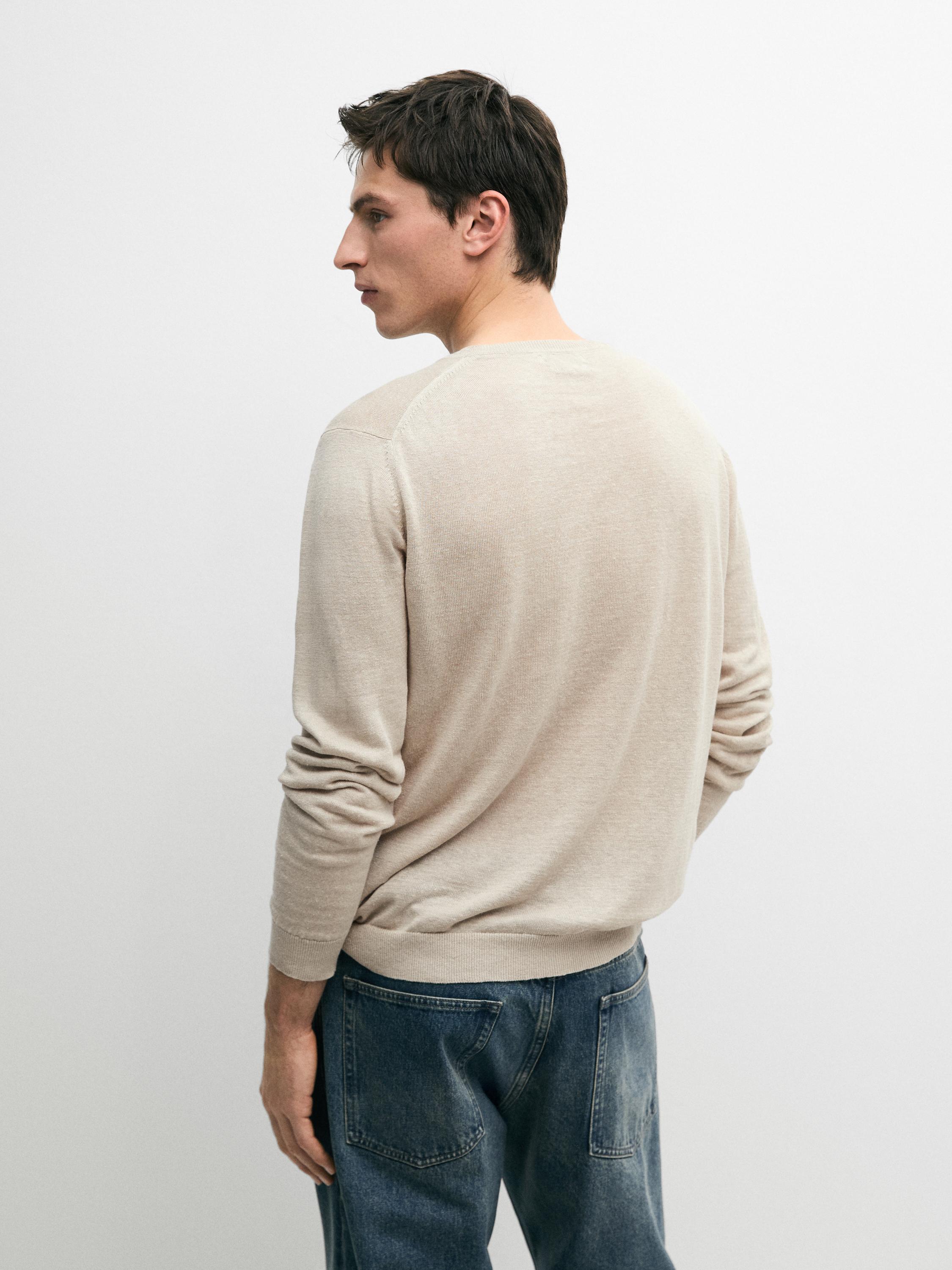 100% linen knit crew neck sweater — BEIGE