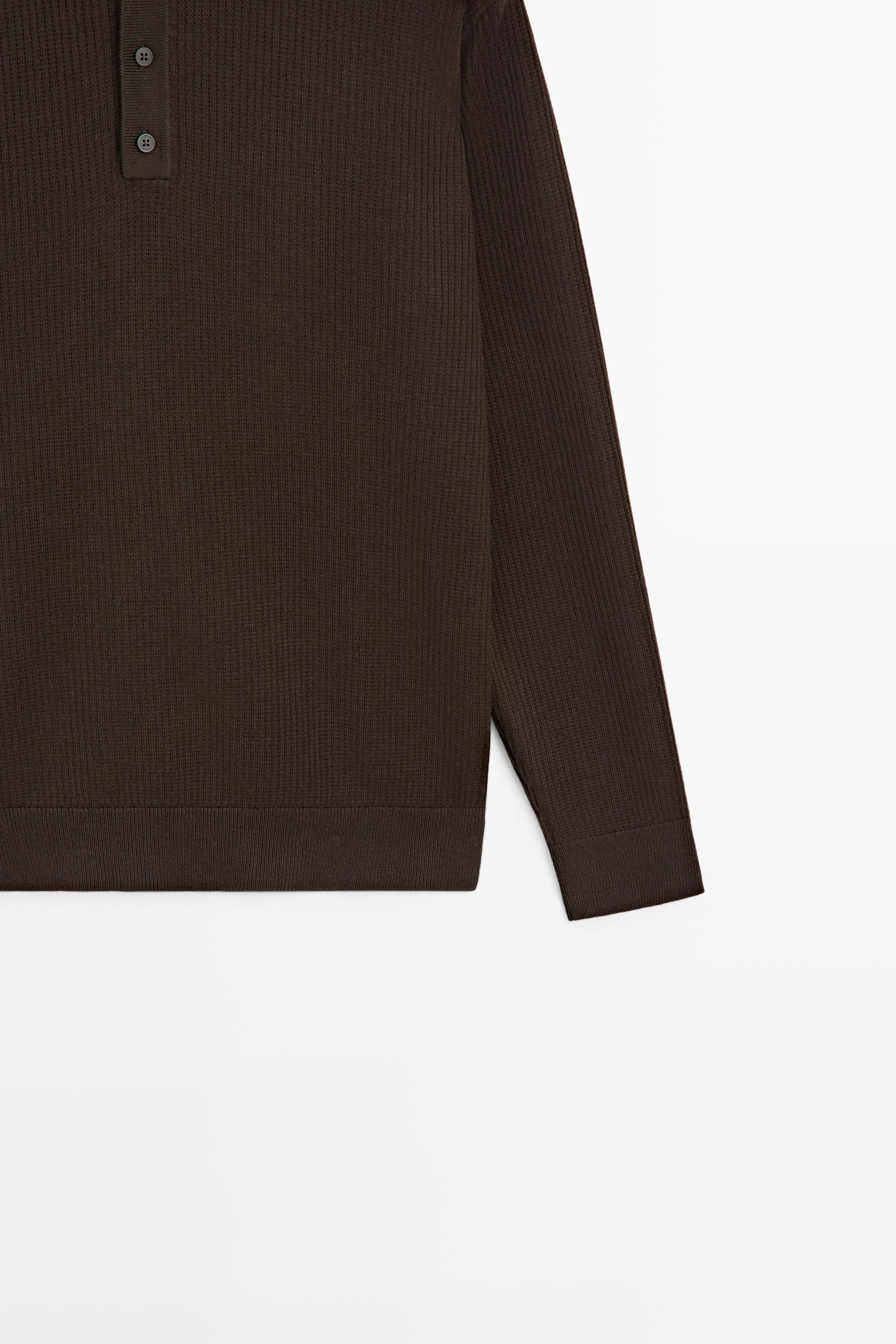 Button-detail polo knit sweater — BROWN MARL