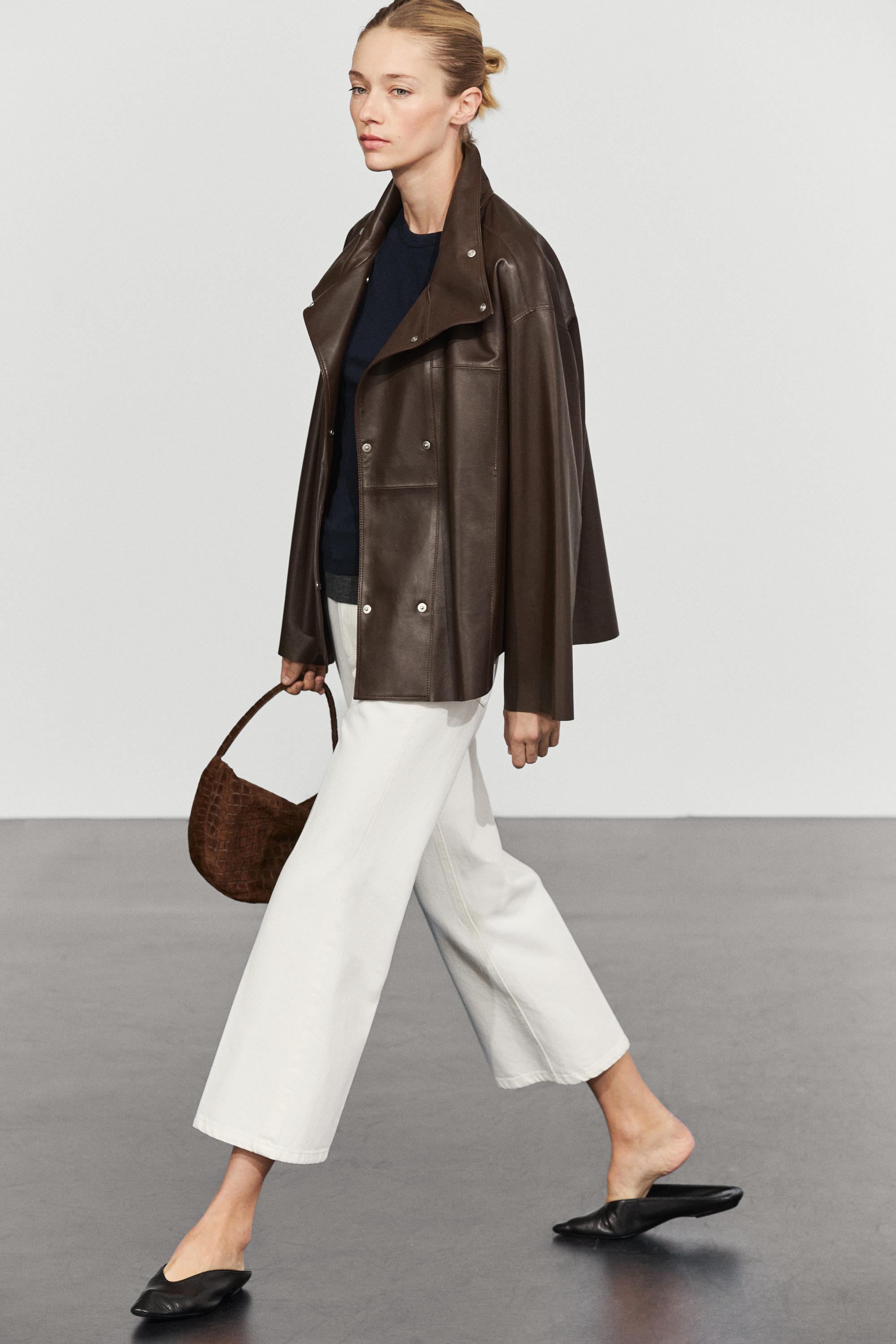 Nappa leather button-placket jacket — BROWN