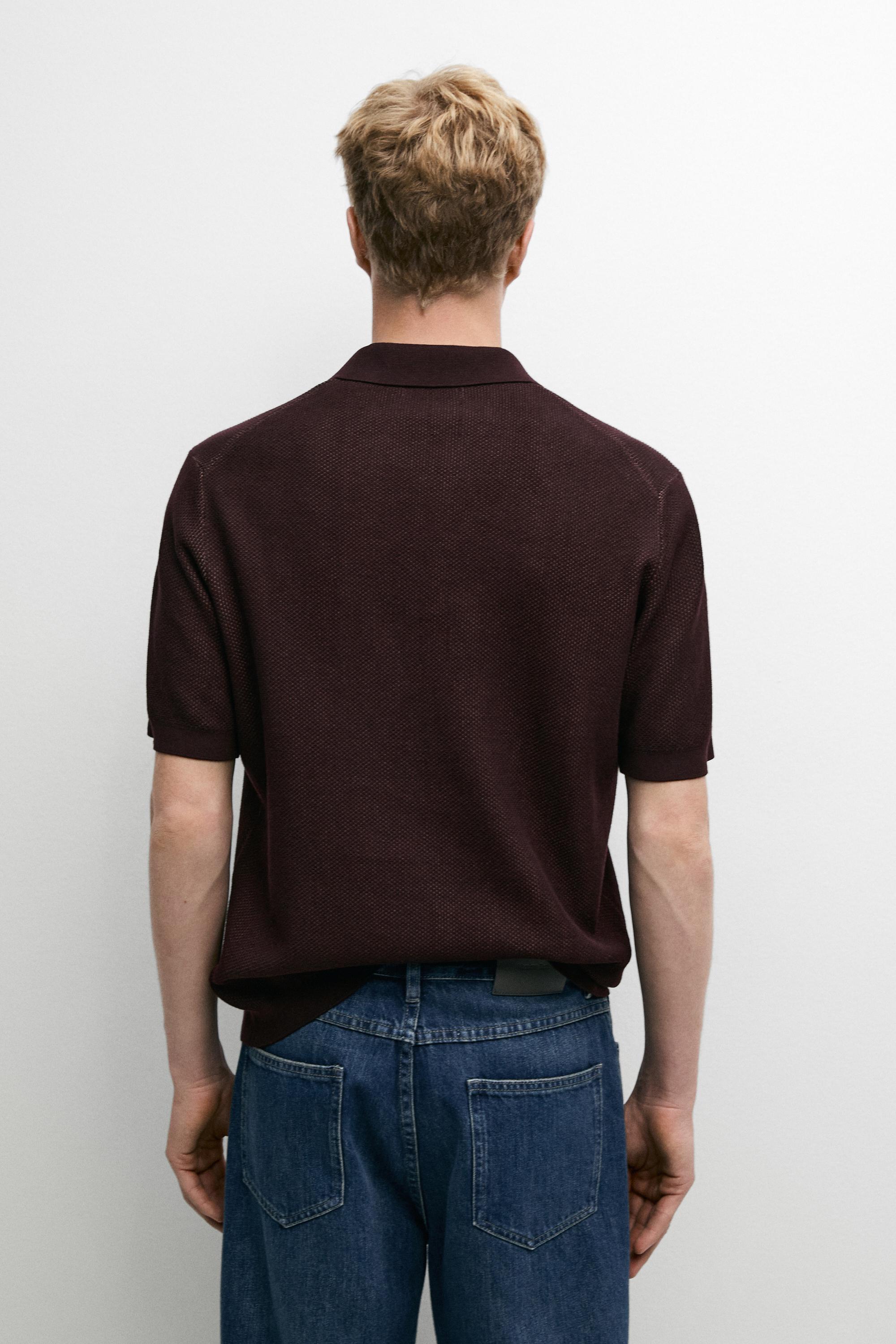 100% cotton textured contrast polo shirt — BURGUNDY