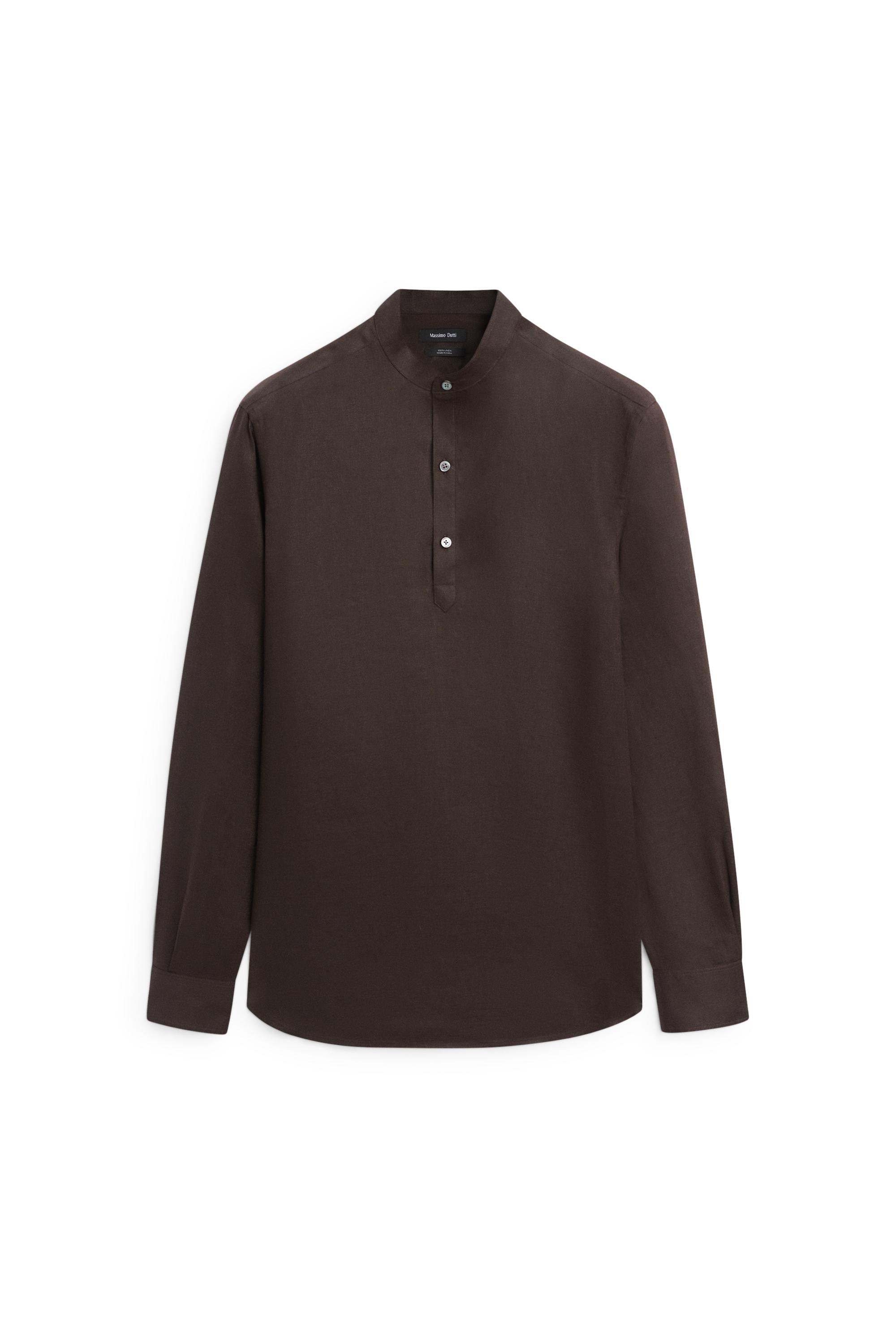 Regular fit stand collar 100% linen shirt — Chocolate
