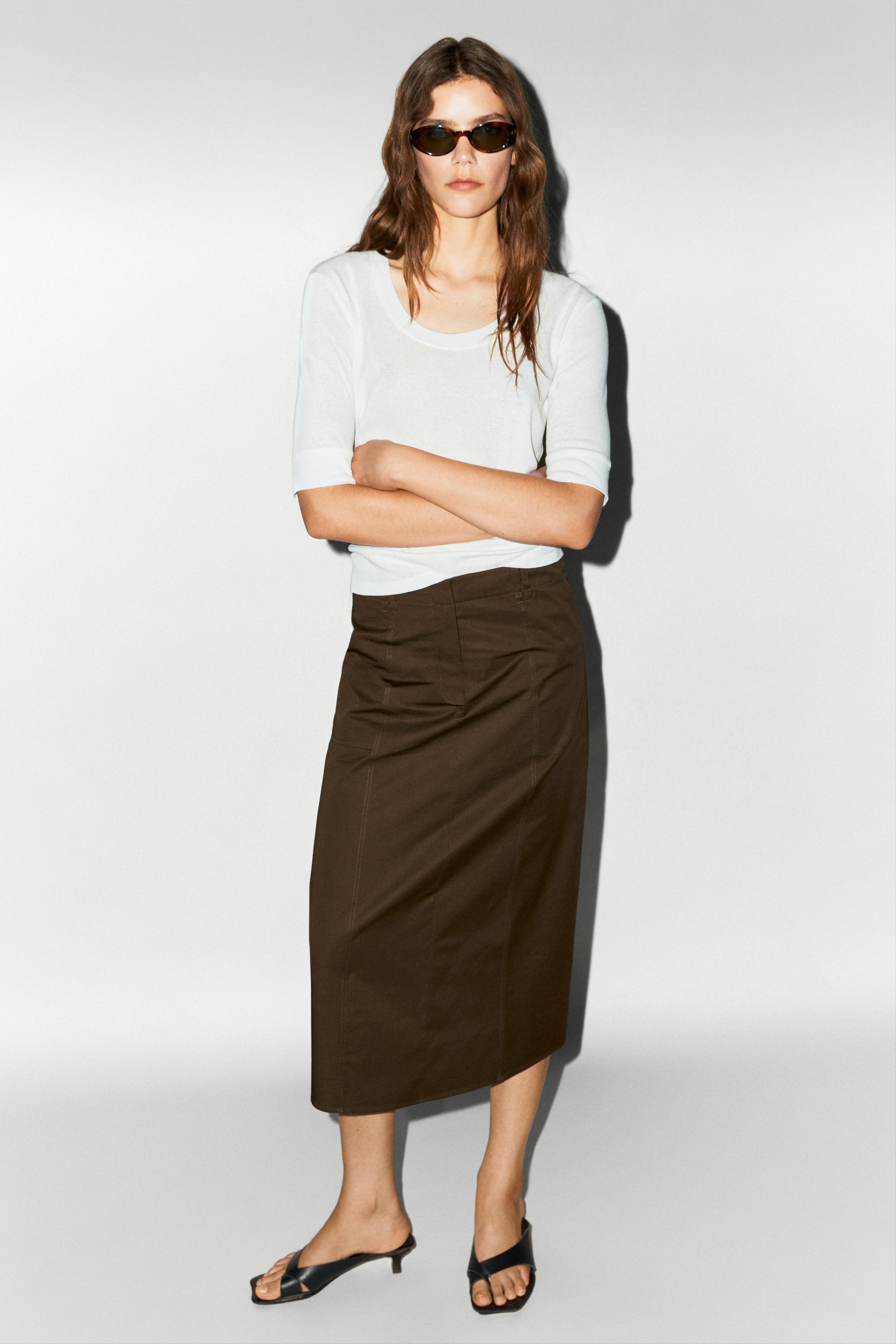 100% Cotton Midi Skirt — BROWN