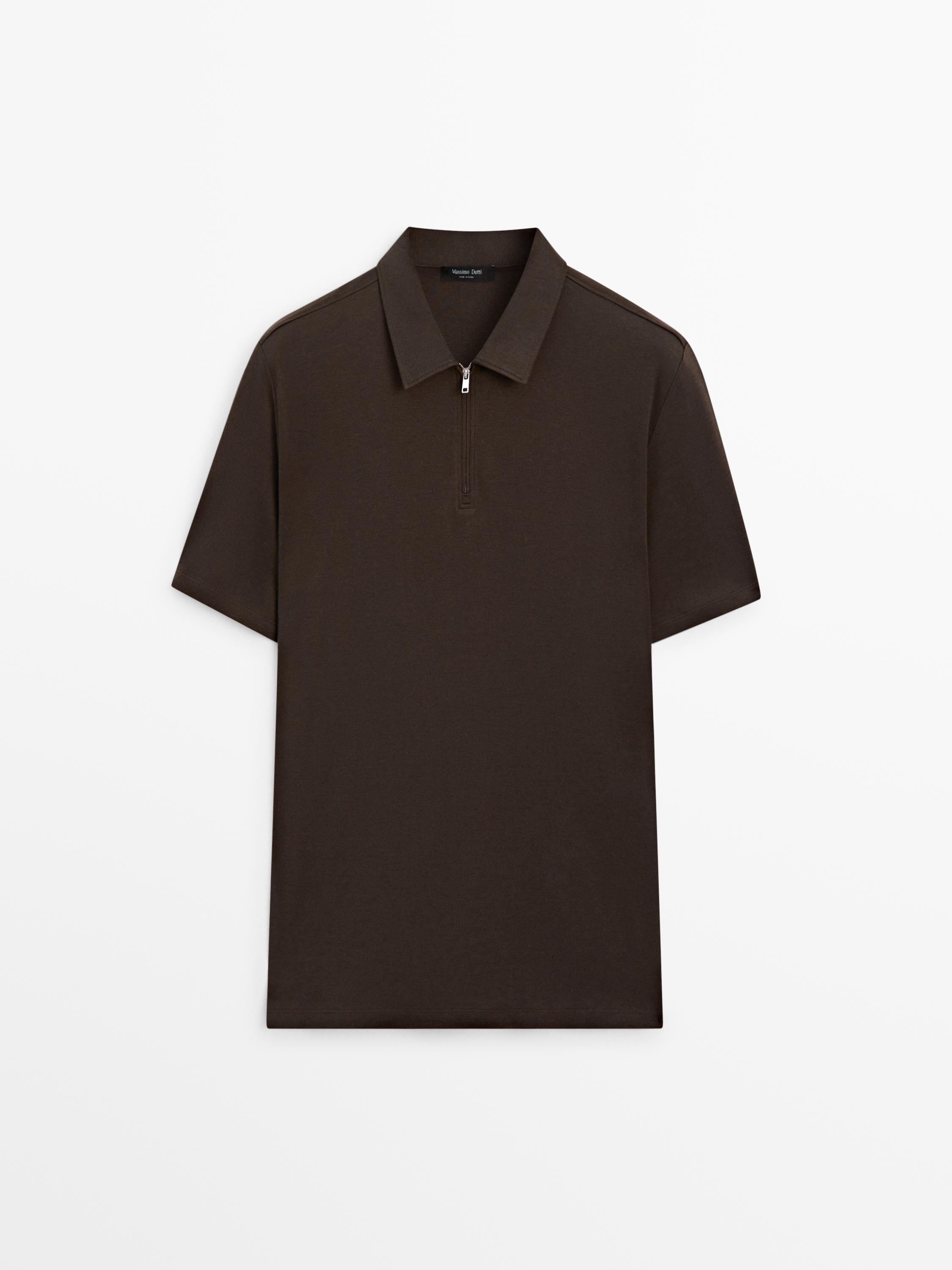 Short sleeve polo shirt with zip detail — Chocolate