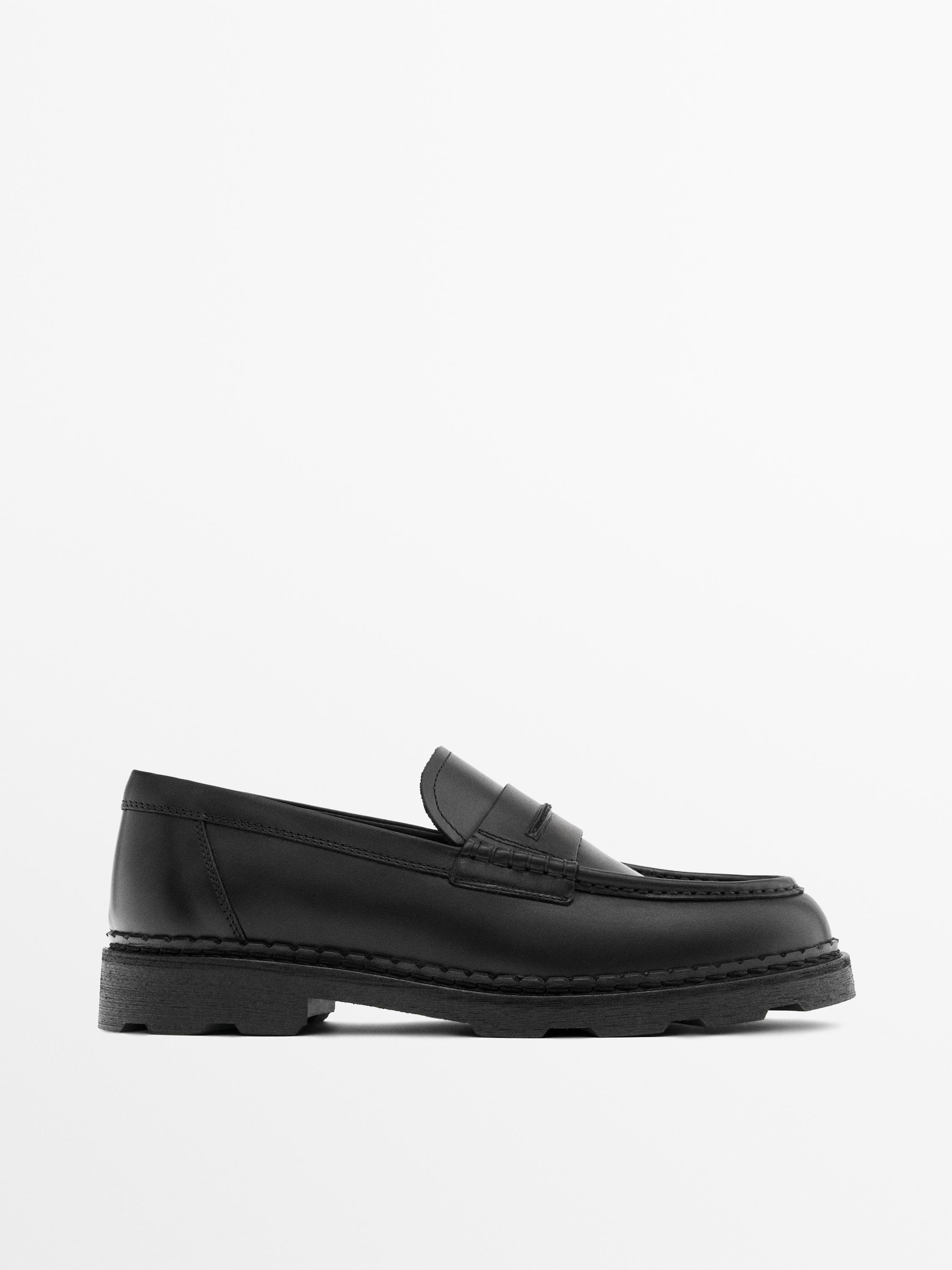Leather track-sole loafers with penny strap — BLACK