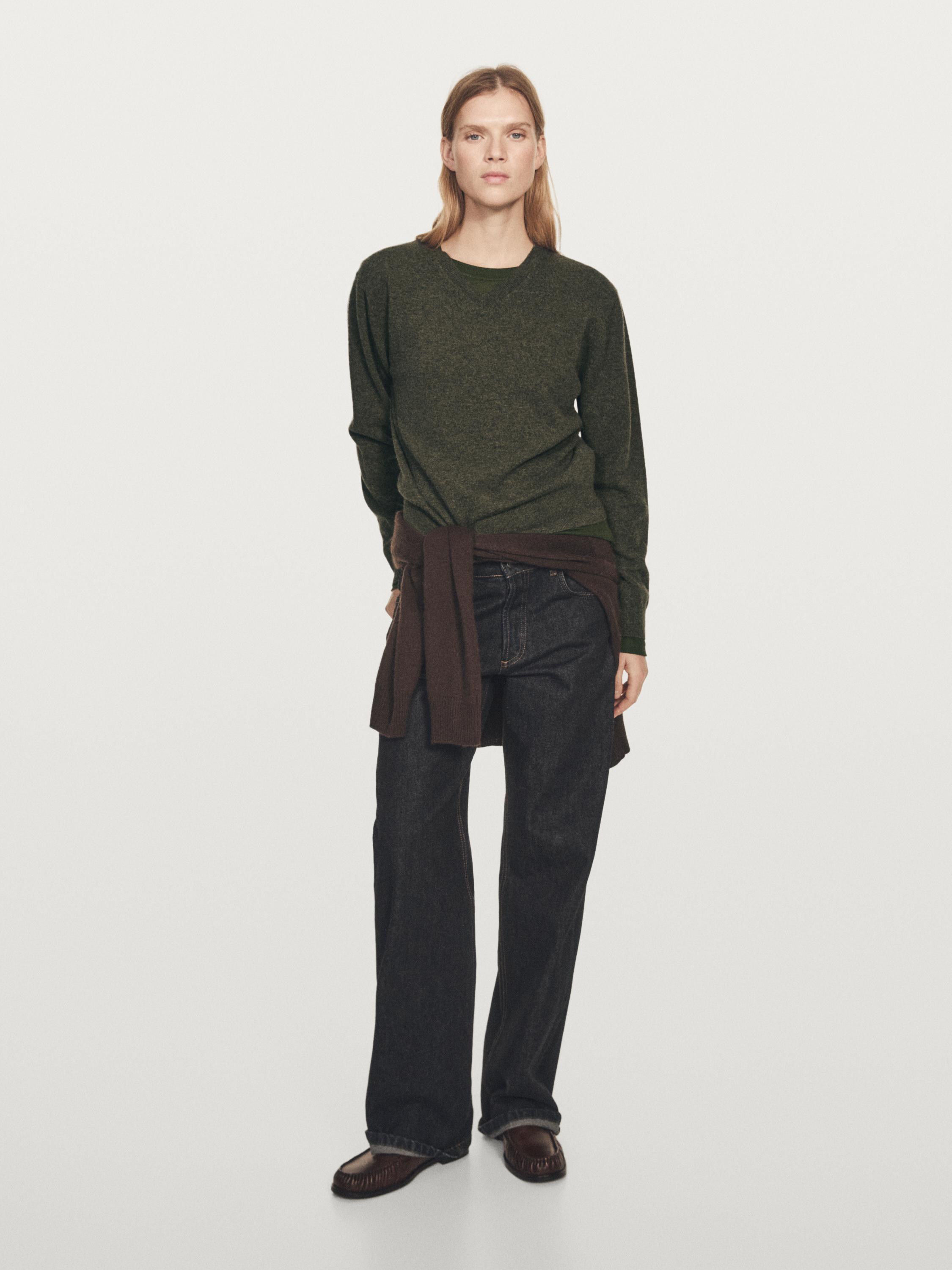 Wool blend knit V-neck sweater — GREEN MARL