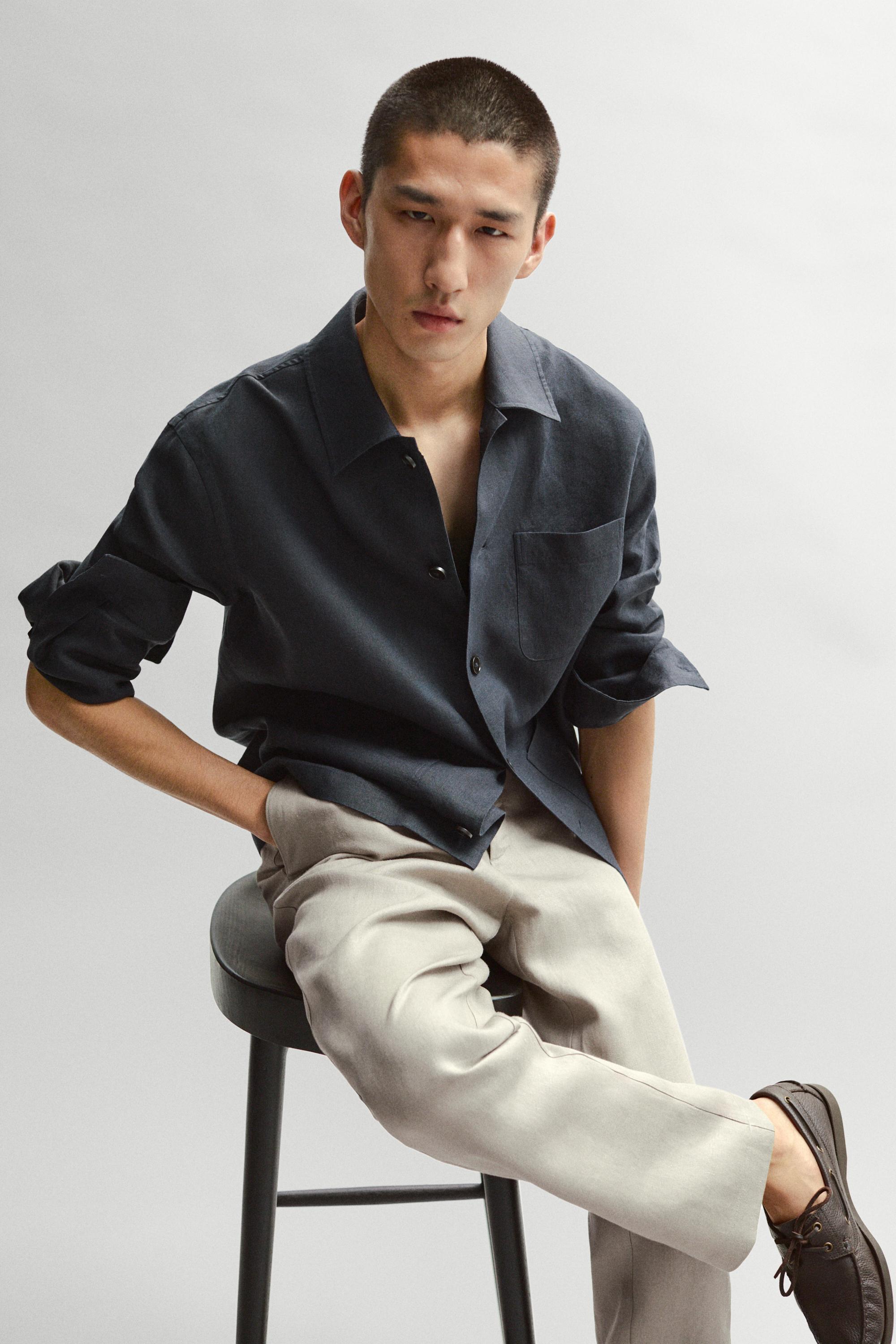 سروال كتان بخصر مريح وأرجل ضيقة من الأسفل