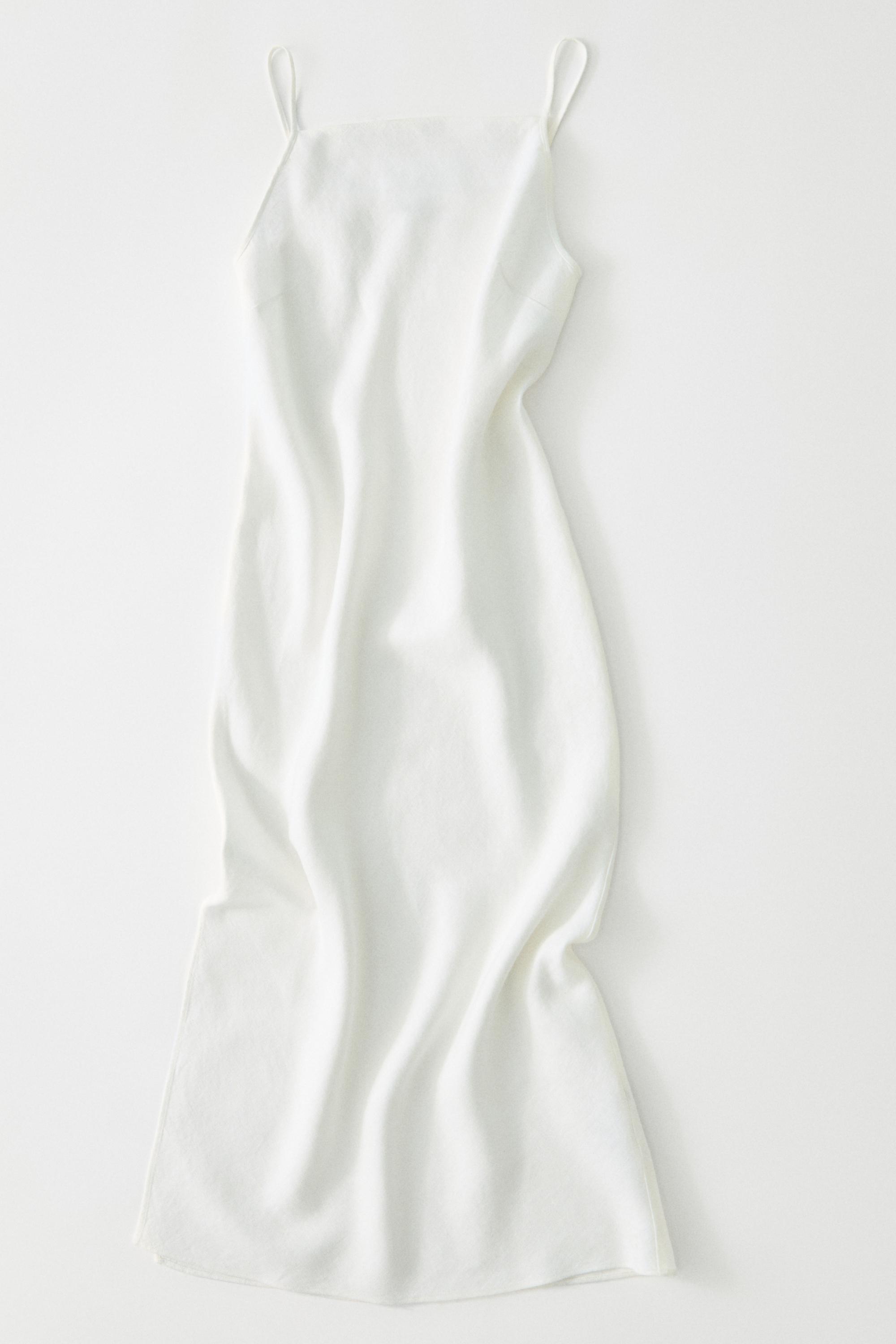 100% linen midi dress with straight neckline — WHITE
