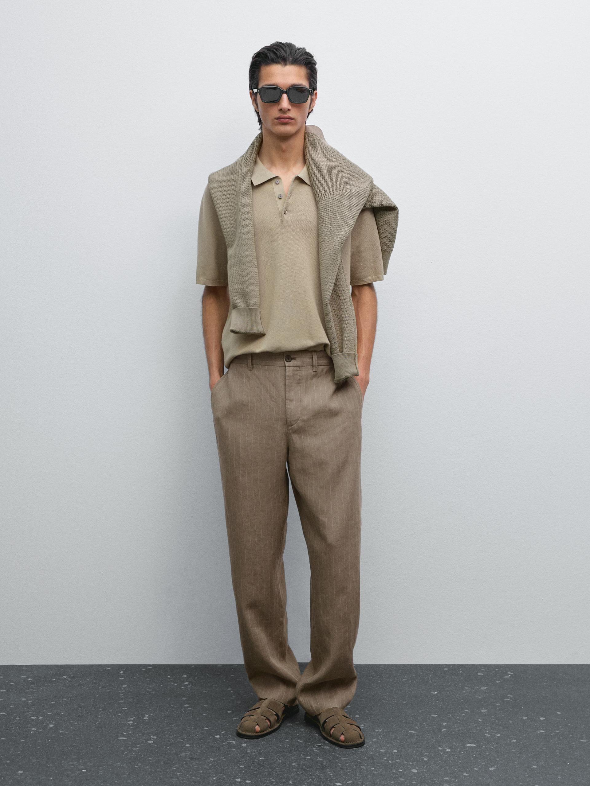 Dzianinowa Koszulka Polo Ze 100% Bawełny - Zielonkawy - S - Massimo Dutti - Mężczyzna