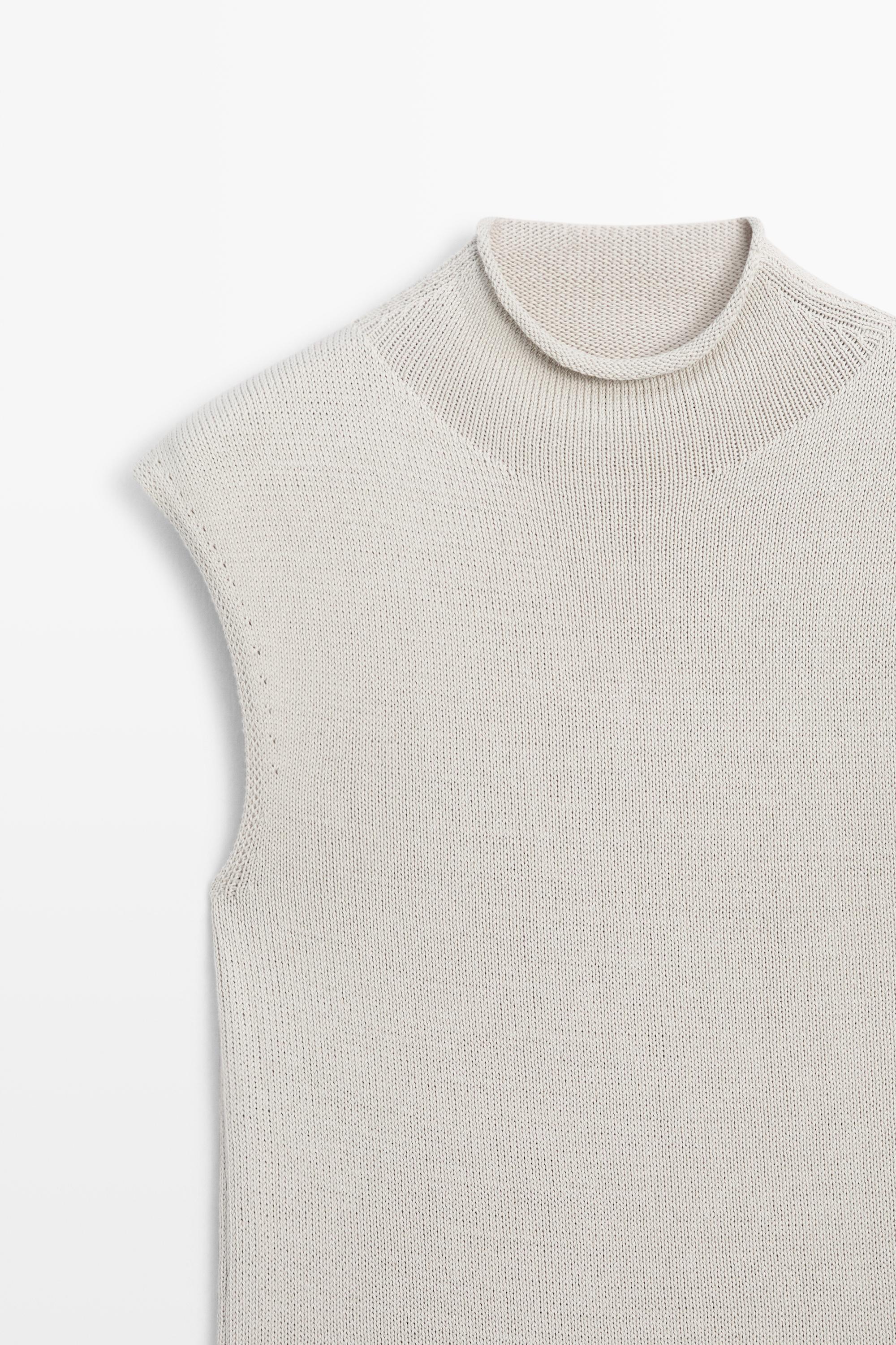 Cotton blend high neck knit top — STONE