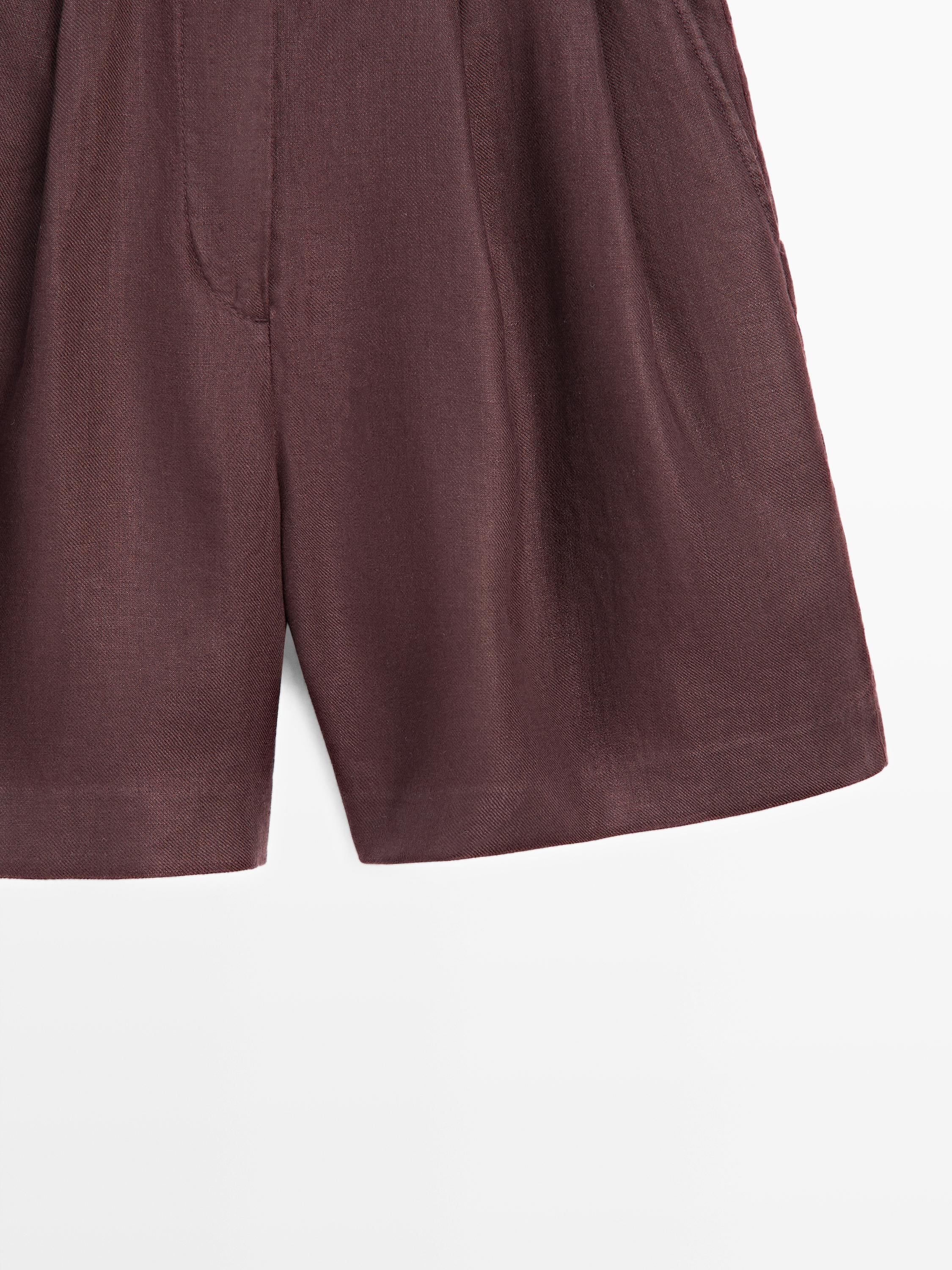 100% linen short pleated Bermuda shorts — AUBERGINE