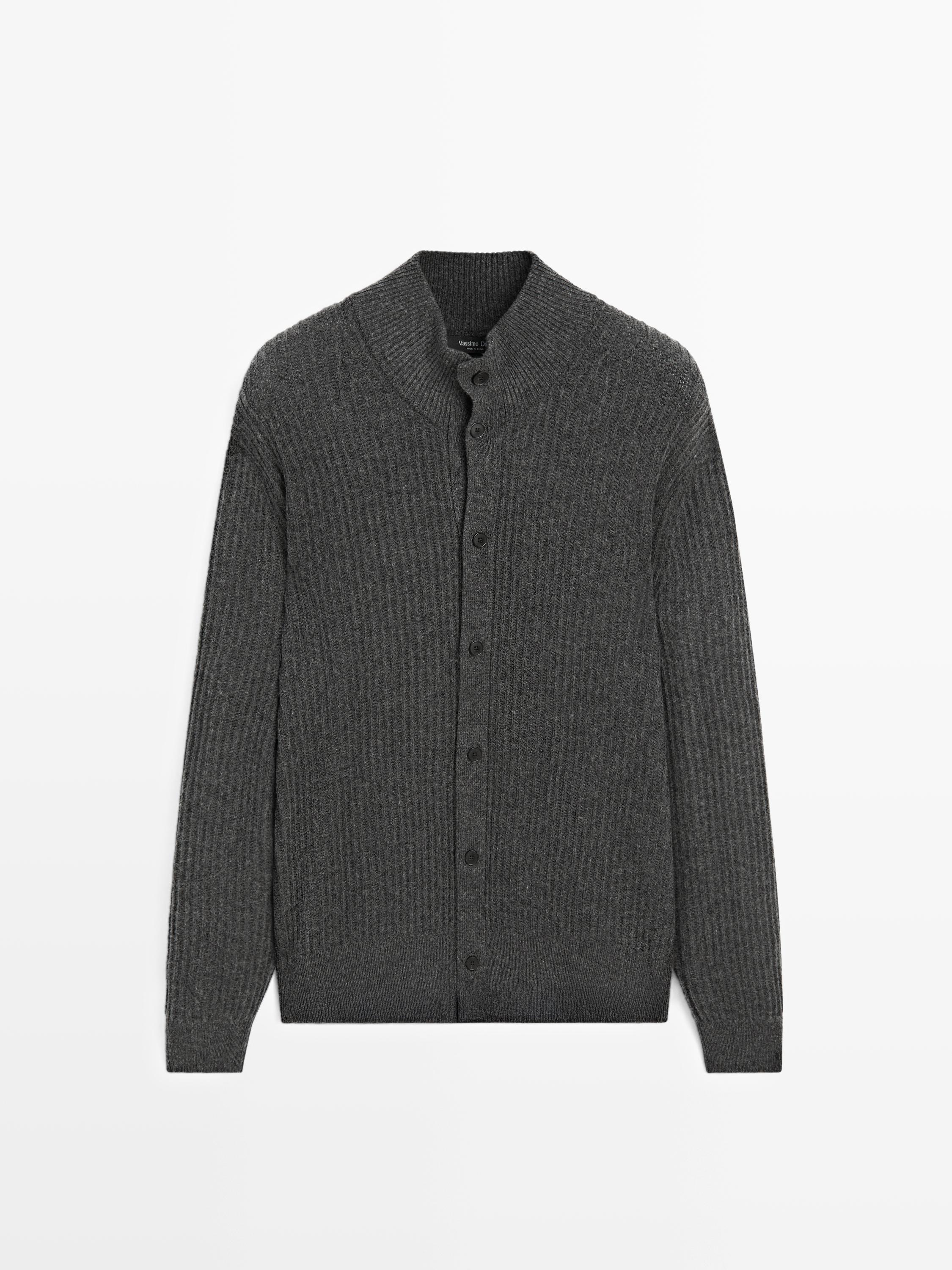 Cotton blend knit cardigan with high neck