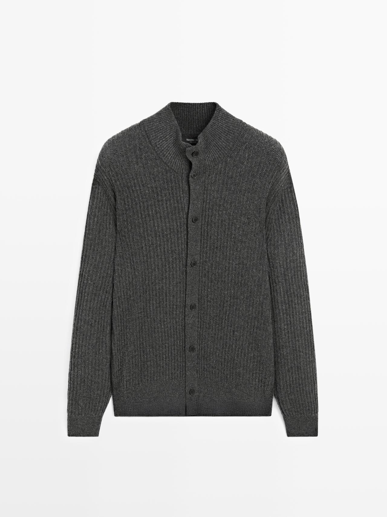 Massimo Dutti - Herre - Strikket Cardigan I Uldblanding Med Høj Hals - Kulgrå - Xl