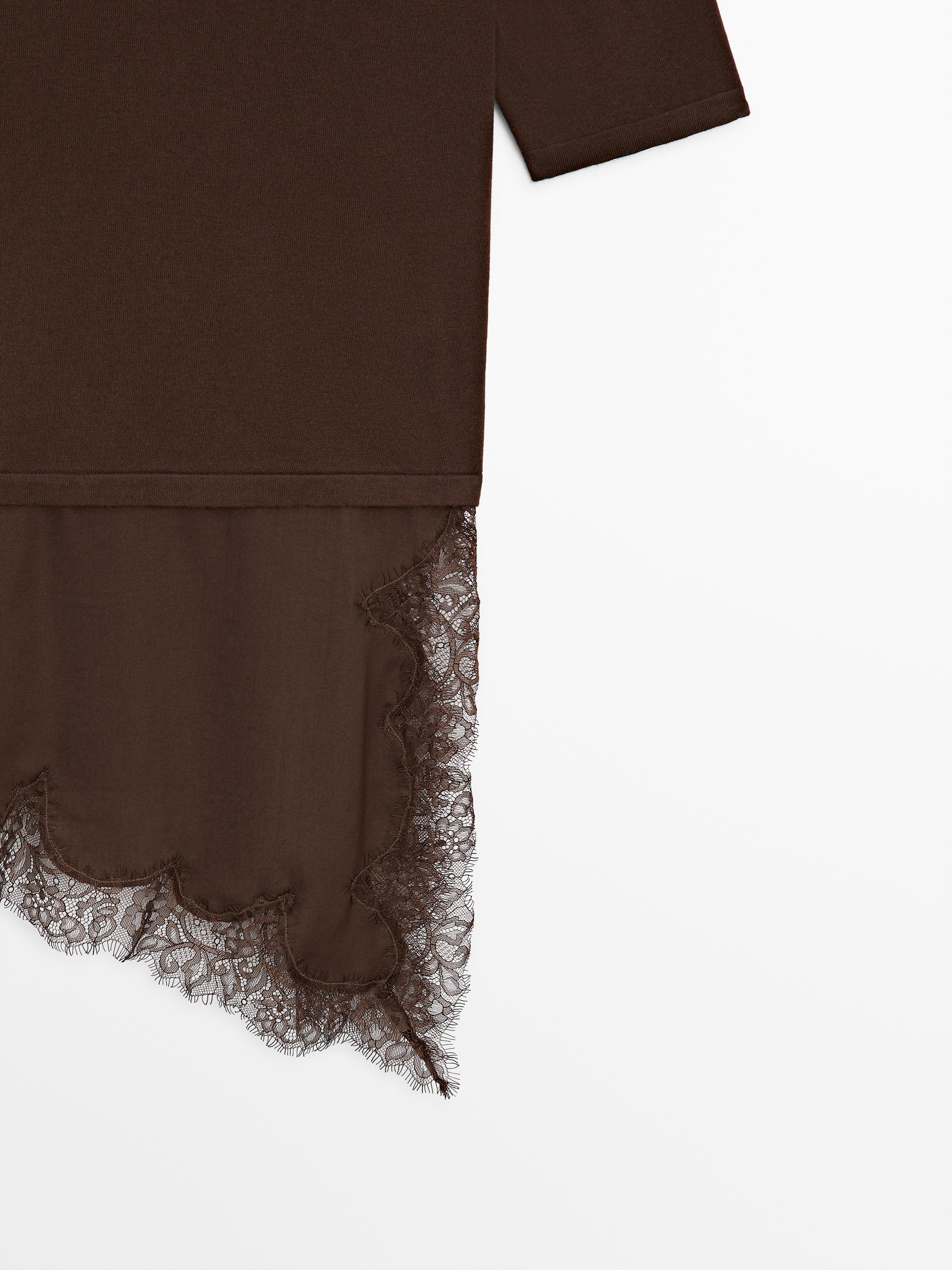 Sweater with contrast lace detail — BROWN
