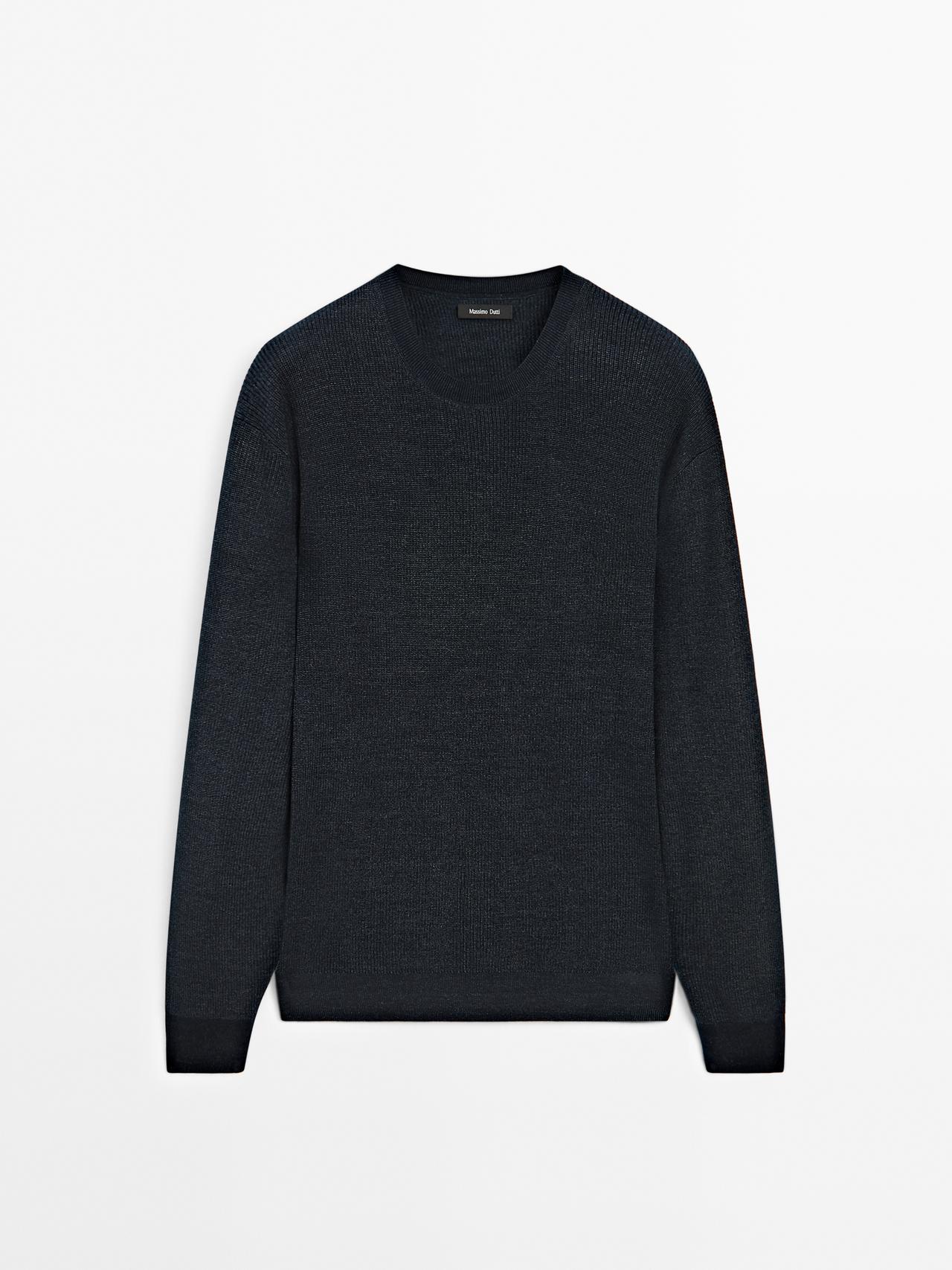 Massimo Dutti - Herre - Strikket Trøje Med Denimeffekt - Marineblå - M